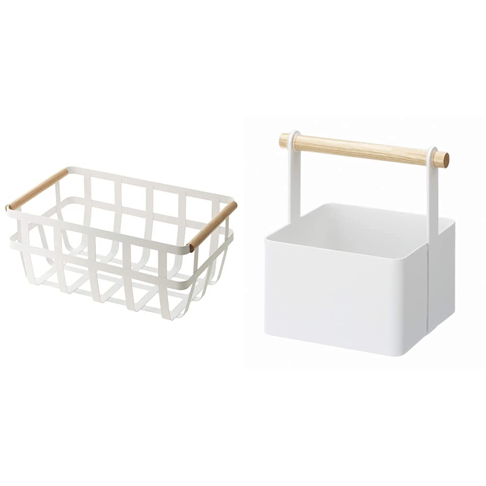YAMAZAKI Home 2507 White Storage Basket with Dual Handles - Small Wood Handle Organizer for Bathroom, Kitchen, and Closet Storage - Compact Home Organization Solution