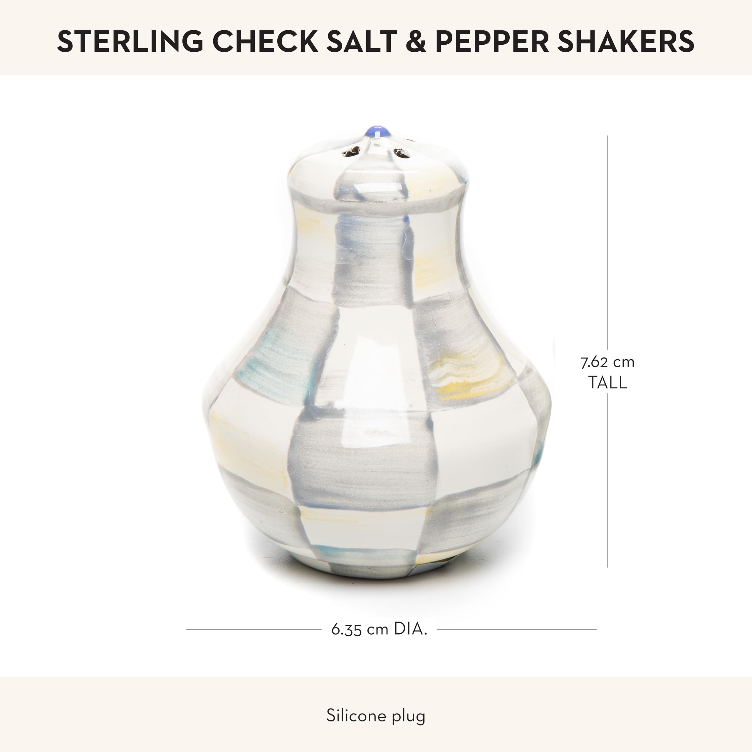 MACKENZIE-CHILDS Enamel Salt and Pepper Shakers Set - Farmhouse Kitchen Decor - Gray and White Sterling Check Design - Perfect for Dining Table, Kitchen Counter, and Gift Giving