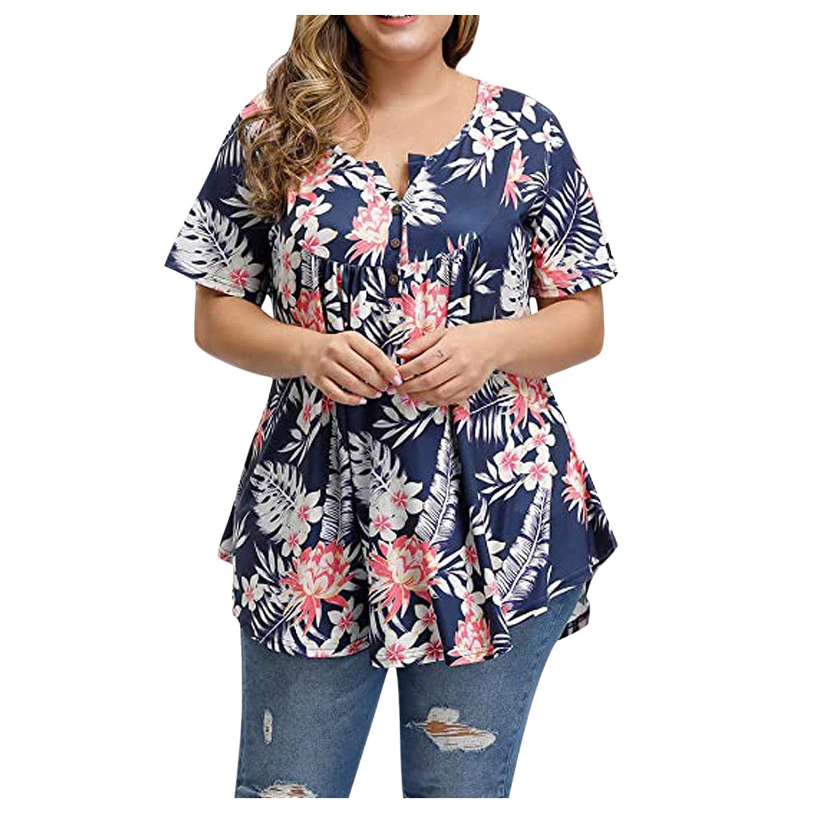 Plus Size Floral Blouses for Women - Stylish Henley V-Neck Button Up Plaid Print Tunic Tops with Ruffle & Flowy Short Sleeve | Casual Summer T-Shirts for Work, Date Night & Outdoor Activities
