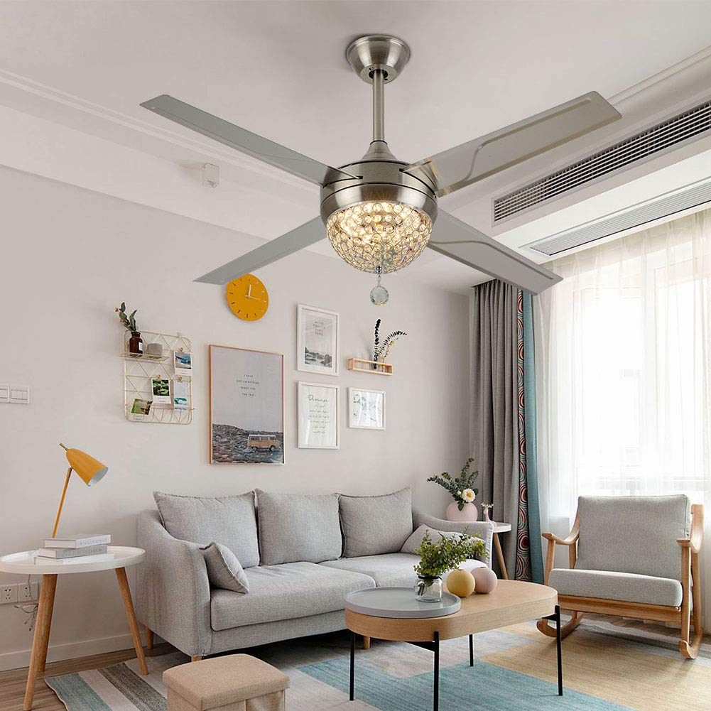 Modern Crystal Ceiling Fan with Remote Control - 44 Inch LED Chandelier & Silent Electric Fan with 4 Stainless Steel Blades - Silver Home Decor for Living Room & Dining Room | Perfect for Cooling & Lighting in Bedrooms, Offices, and Patios