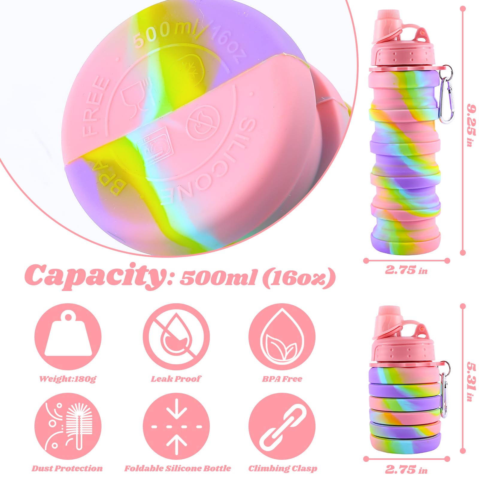 Foldable Silicone Water Bottle for Travel & Sports - Leak-Proof & Portable (Pink/Blue) - Perfect for Hiking, Camping & Gym