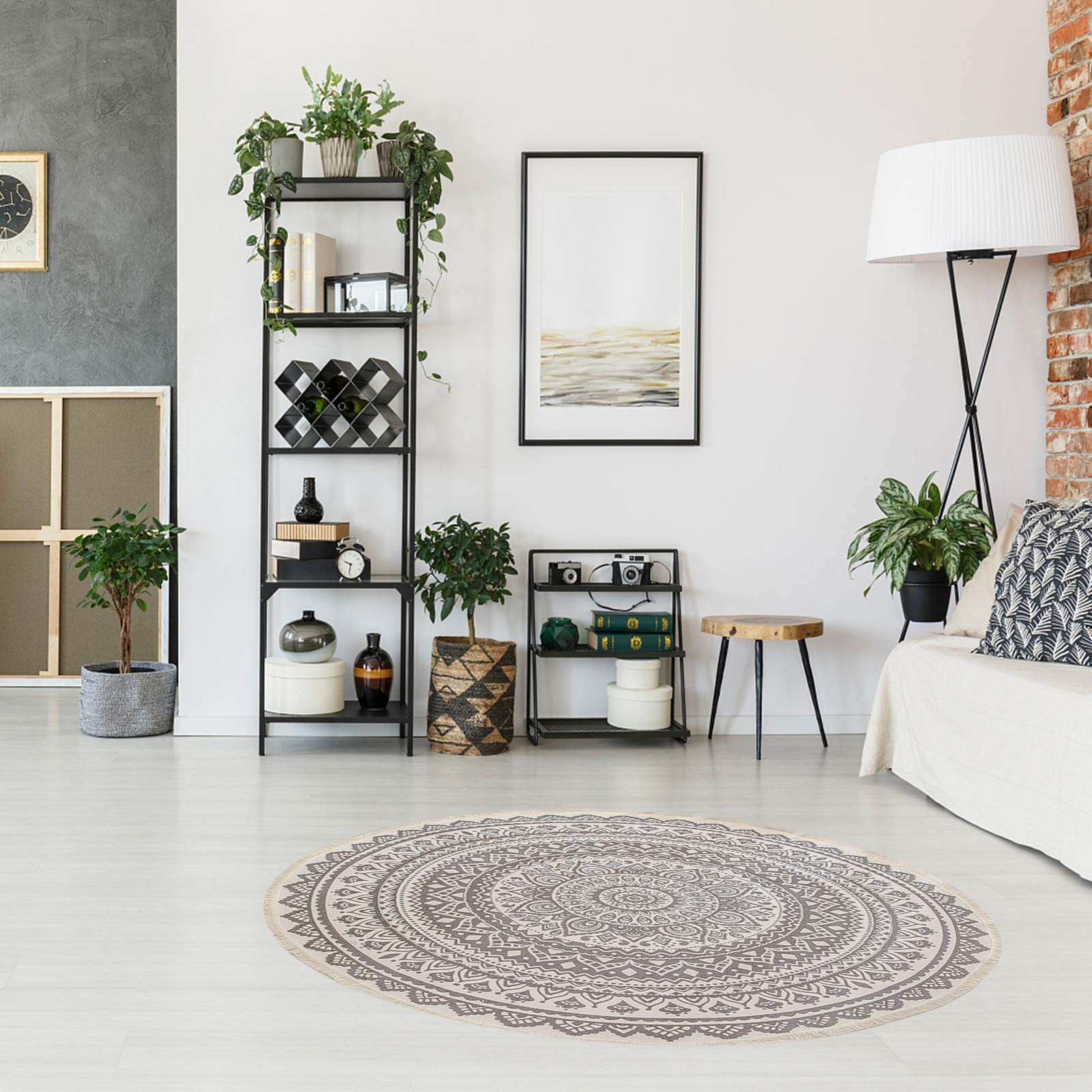 Bohemian Mandala Round Area Rug - 3 Feet Handwoven Cotton Circle Rug with Tassels for Bedroom, Nursery, Living Room & Play Area | Non-Slip Kids Room Carpet, Boho Home Decor Floor Mat
