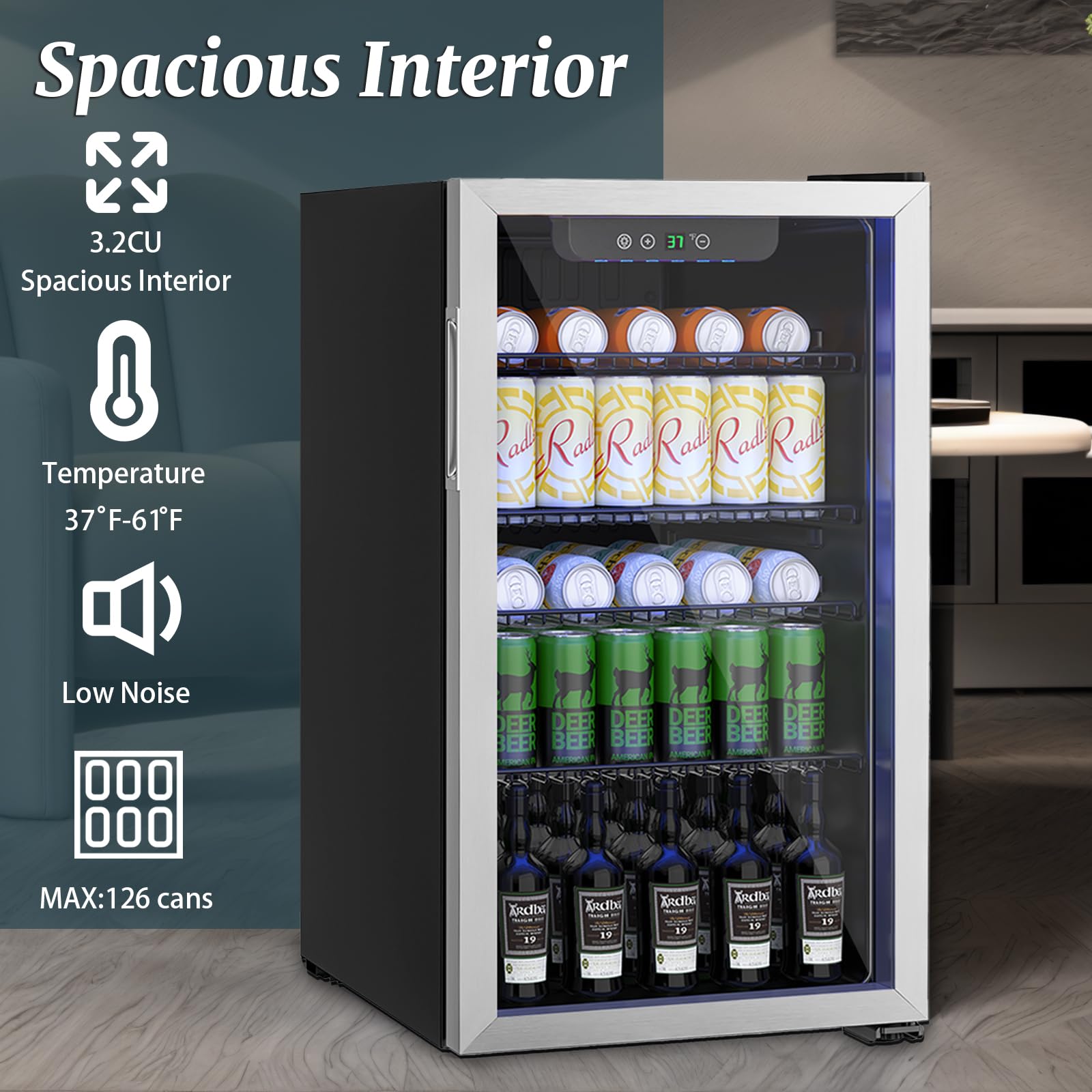 3.2 Cu.ft Beverage Refrigerator Cooler - 126 Can Mini Fridge with Reversible Glass Door, Digital Temperature Control for Beer, Soda & Wine | Perfect for Home Bar, Office, or Dorm Room | Adjustable & Removable Shelves for Custom Storage
