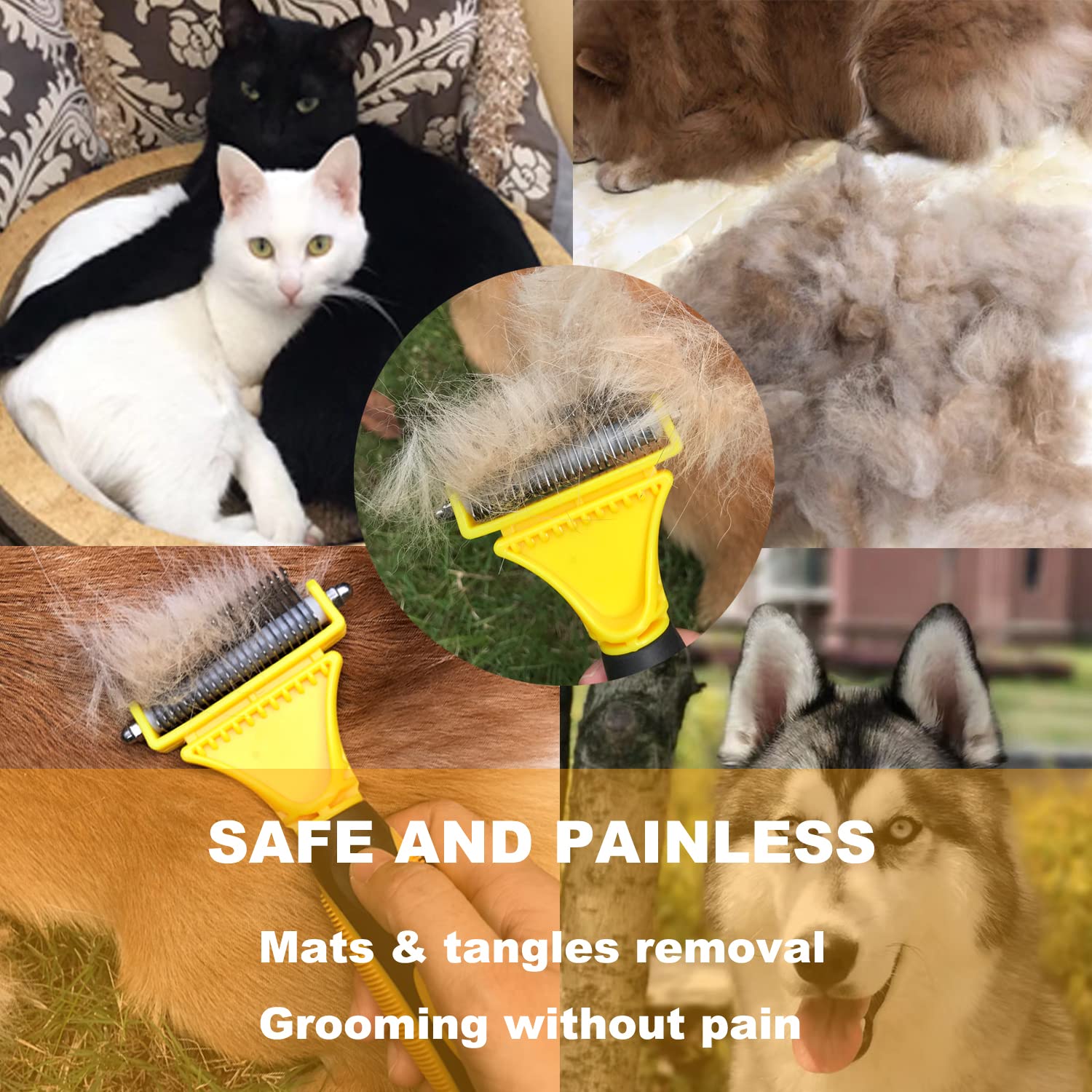 2-Sided Pet Dematting Comb for Cats & Dogs - Safe Undercoat Rake Grooming Tool for Removing Mats & Tangles - Medium/Long Hair Shedding Brush (Yellow) - Perfect for Home Grooming & Professional Pet Care