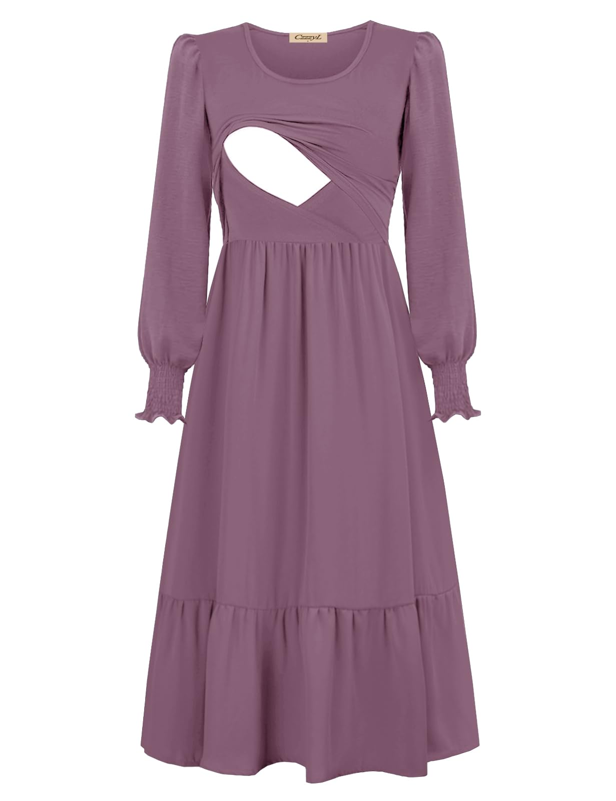 Stylish Women's Nursing Dress - Crew Neck Maternity Dress with Long Sleeves, Smocked Cuffs & Pockets | Flowy Tiered Design for Fall Cocktail Parties, Breastfeeding & Everyday Comfort