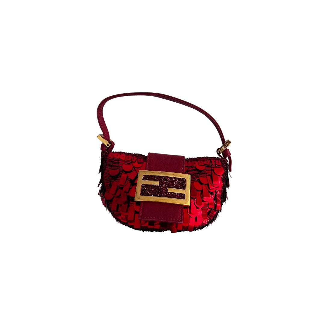 Vintage Fendi Red Sequin Croissant Bag - Luxury Designer Shoulder Purse for Women | Perfect for Parties, Weddings & Evening Events