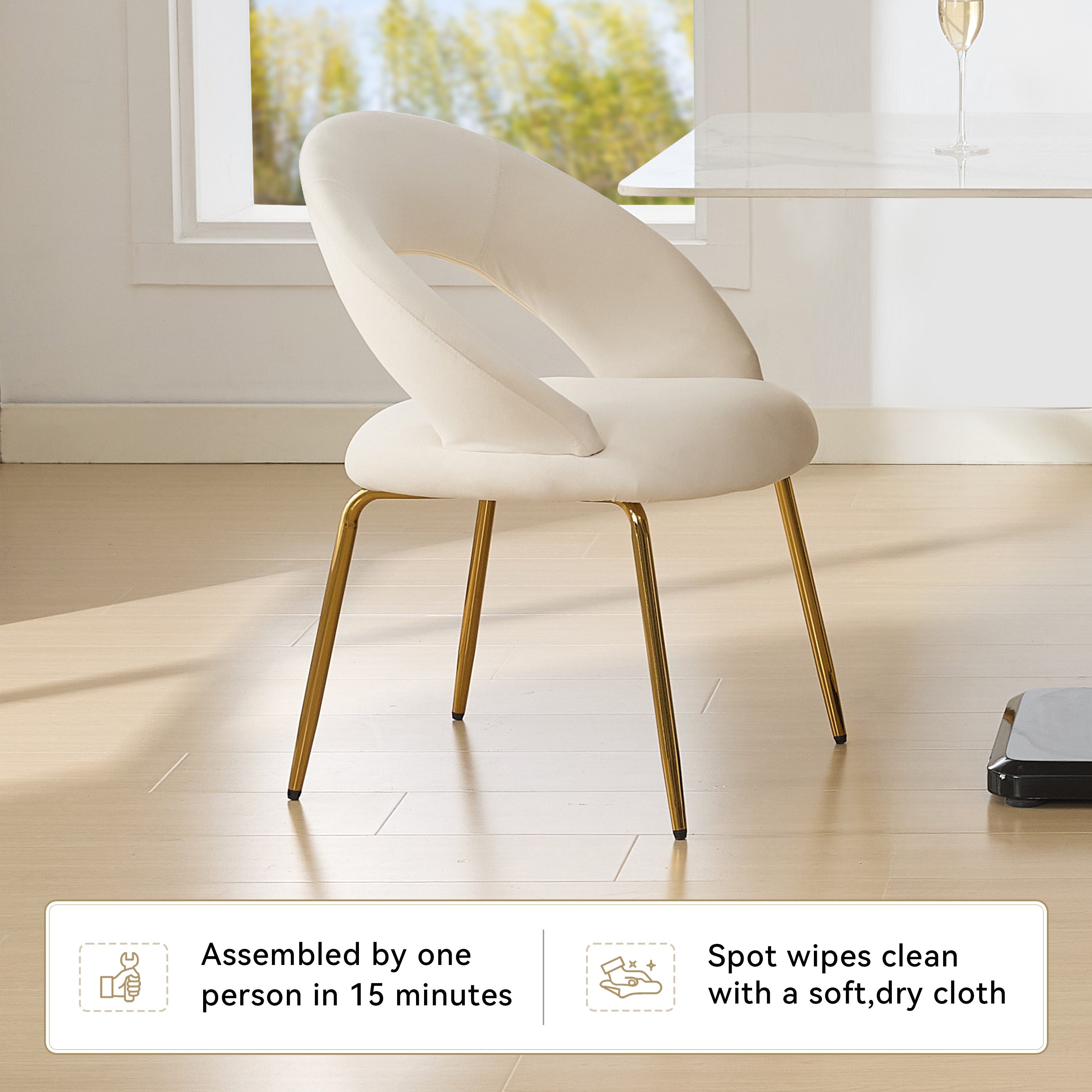 Velvet Dining Chairs Set of 1 - Curved Backrest with Golden Metal Legs for Kitchen & Dining Room - White - Perfect for Modern Home Decor & Entertaining Guests