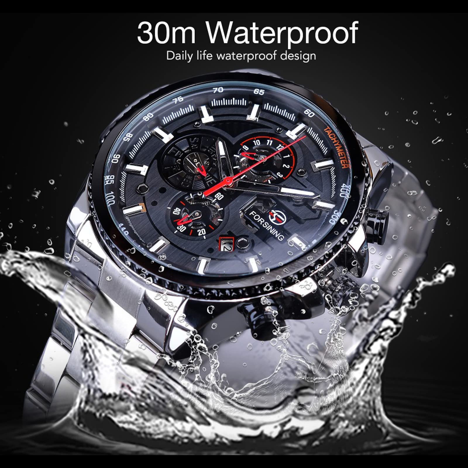 FORSINING Men's Automatic Self-Winding Luxury Stainless Steel Watch with Date, Month, Day, Stopwatch & Tachymeter - Large Dial Mechanical Wristwatch for Business, Formal & Casual Wear