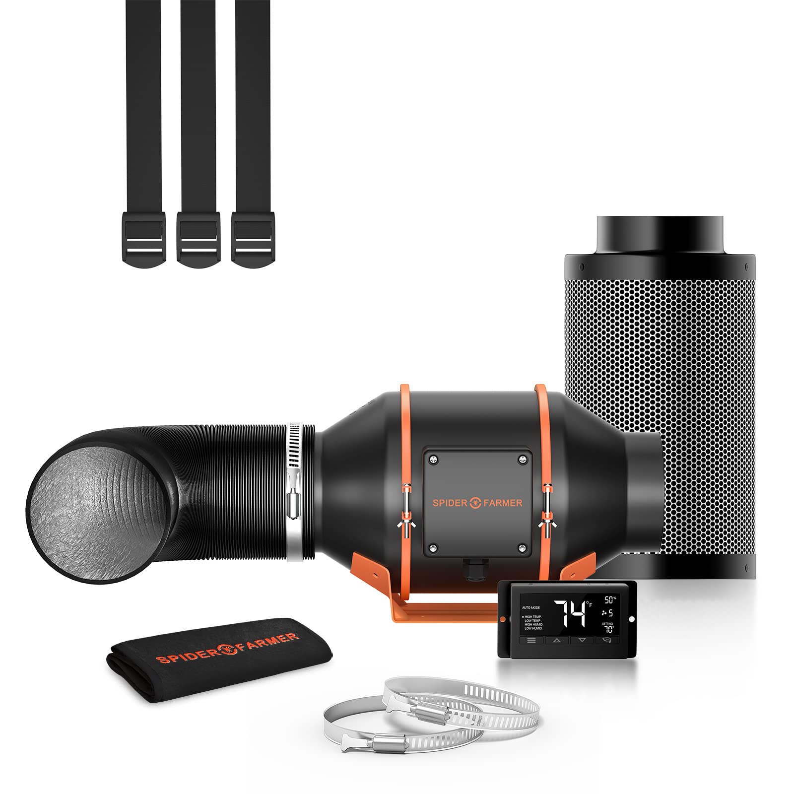 Spider Farmer 4 Inch Inline Fan Carbon Filter Ducting Kit with Temperature Humidity Controller - Hydroponic Grow Tent Ventilation System for Heating, Cooling & Air Circulation - Perfect for Indoor Gardening, Grow Tents & Hydroponic Setups