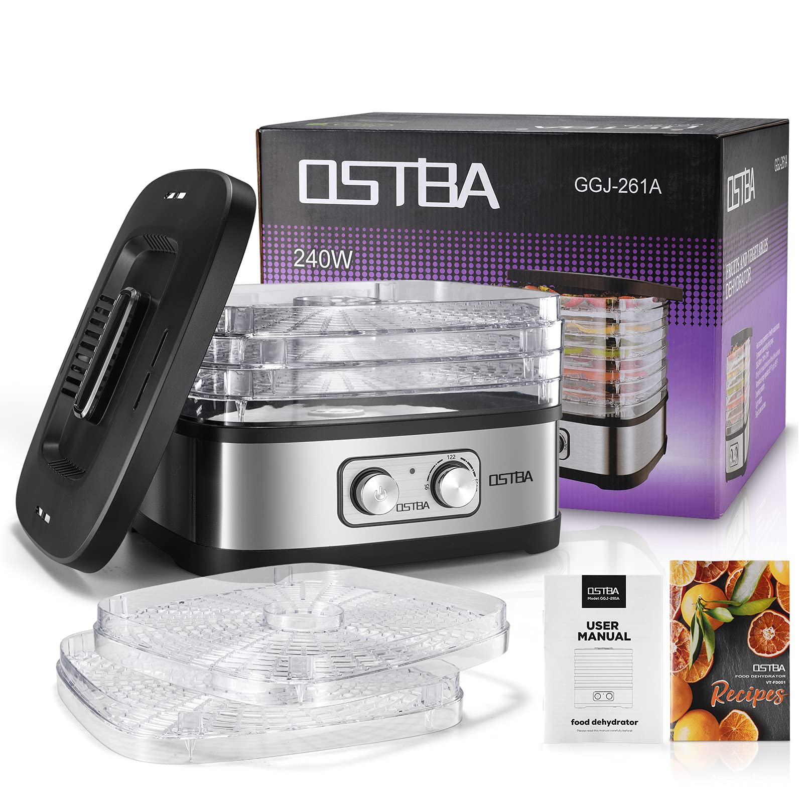 OSTBA Electric Food Dehydrator Machine - 5 BPA-Free Trays for Jerky, Fruits, Herbs & Vegetables | Adjustable Temperature Control, Dishwasher Safe, 240W with Recipe Book | Perfect for Home Drying, Snack Making & Food Preservation