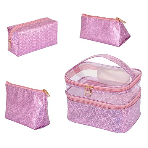 4-Piece Waterproof Glitter Mermaid Makeup Bag Set - Double Layer Cosmetic Organizer with Zipper, Travel Toiletry Pouch for Women & Girls (Pink) - Perfect for Travel, Gym, Beach & Daily Makeup Storage