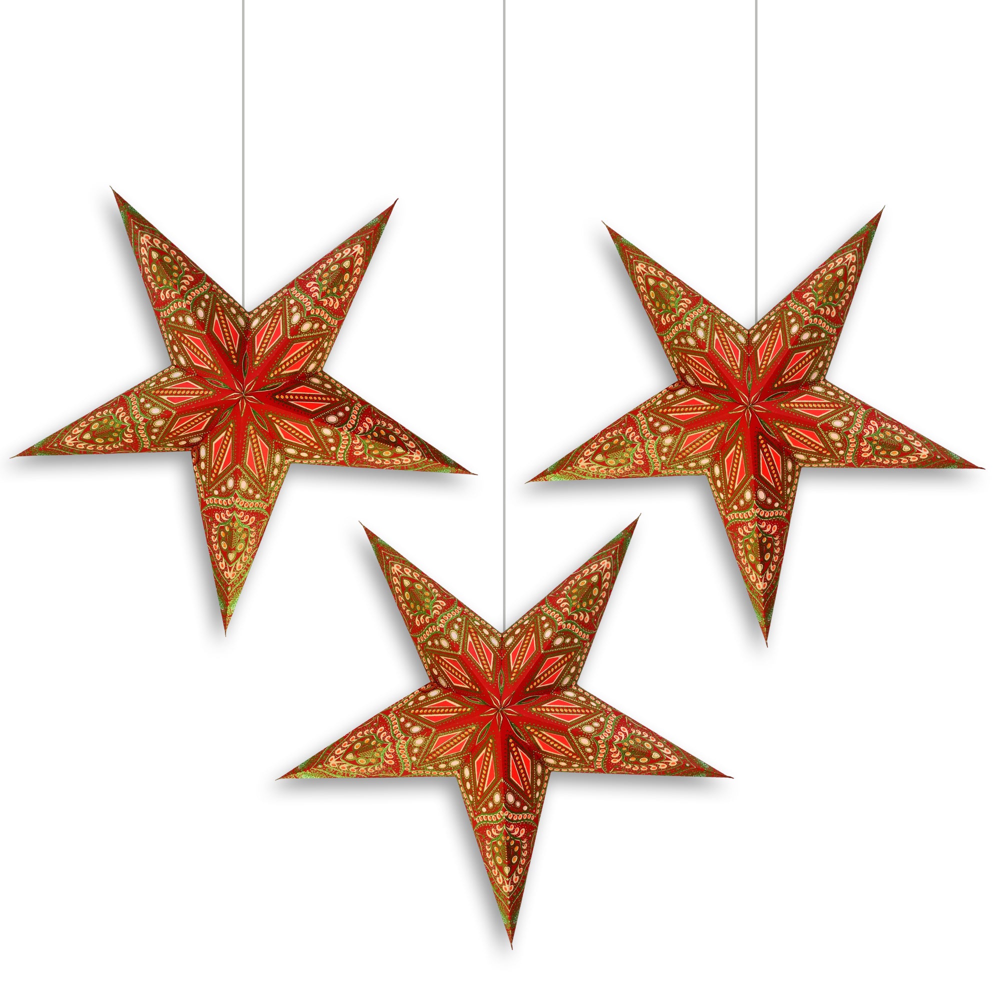 3 Pack 24 Inch Paper Star Lanterns - Red, Green & Twilight Colors with Triple Pendant Lights | Party Decor, Wedding Centerpieces, Holiday Home Decoration