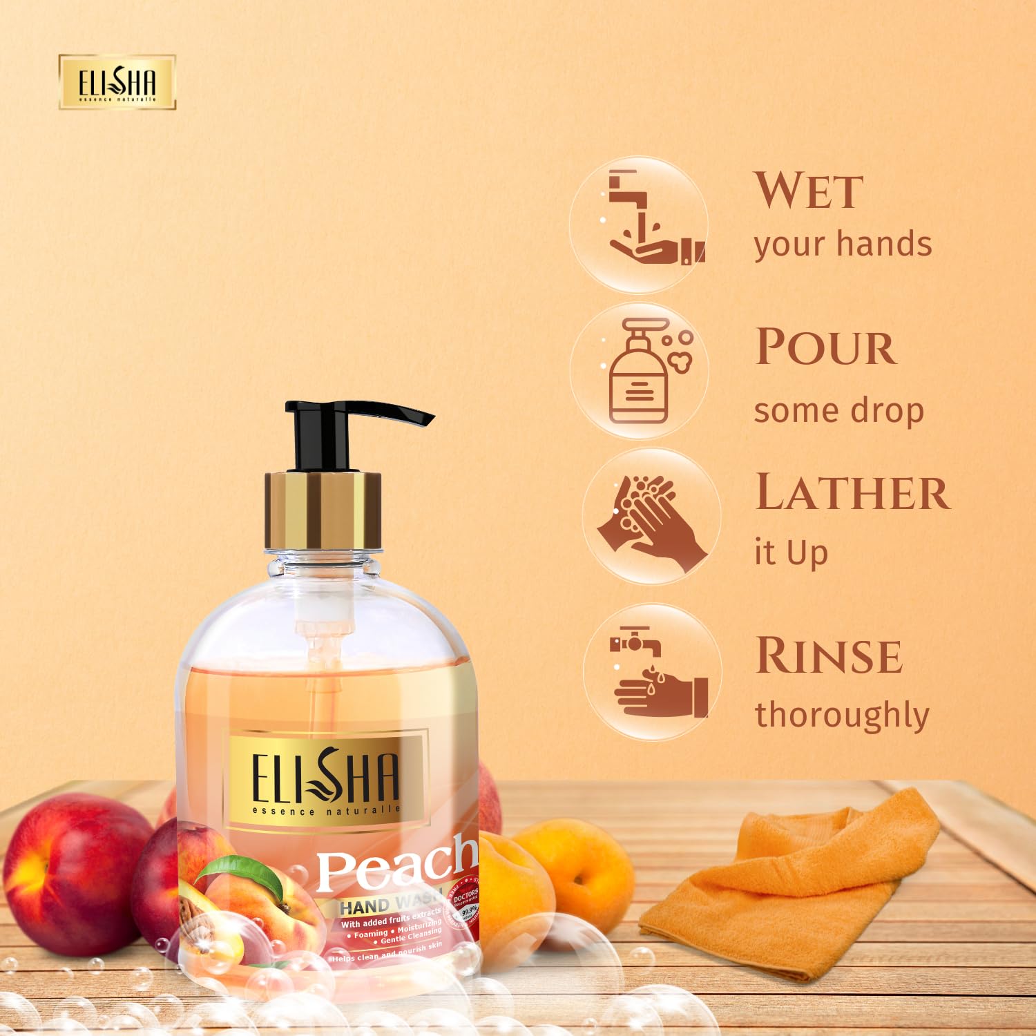 Elisha Scented Peach Hand Wash Dispenser - 500ml Family Pack | 10x Germ Protection | Moisturizing & Gentle Formula | Natural Liquid Soap for Kitchen, Bathroom & Office Use