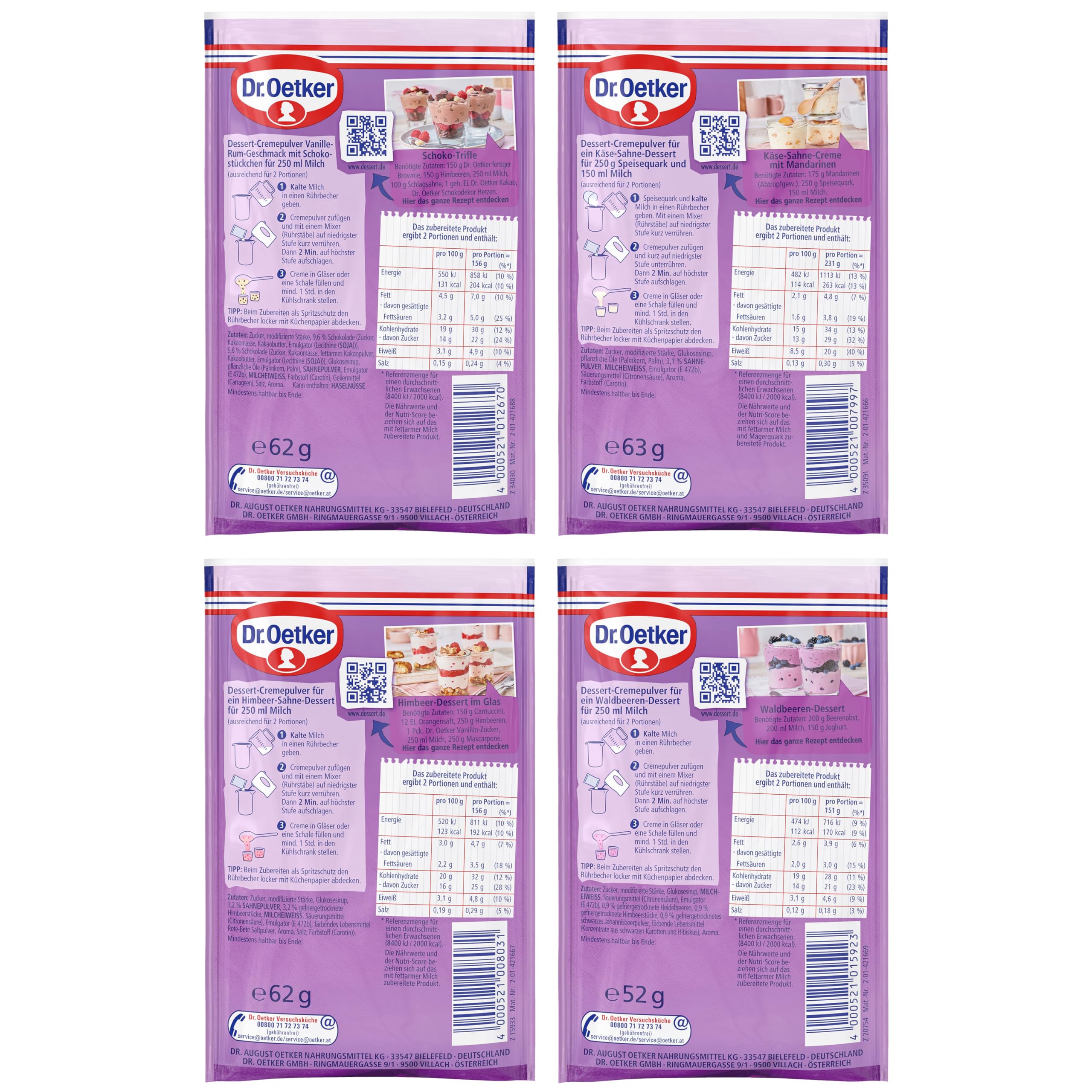 Dr. Oetker Cream Desserts 20-Piece Tasting Set - No Bake Dessert Mix Variety Pack (Cheese Cream, Raspberry Cream, Wild Berry Cream, Men's Cream) - Perfect for Parties, Family Gatherings & Quick Sweet Treats