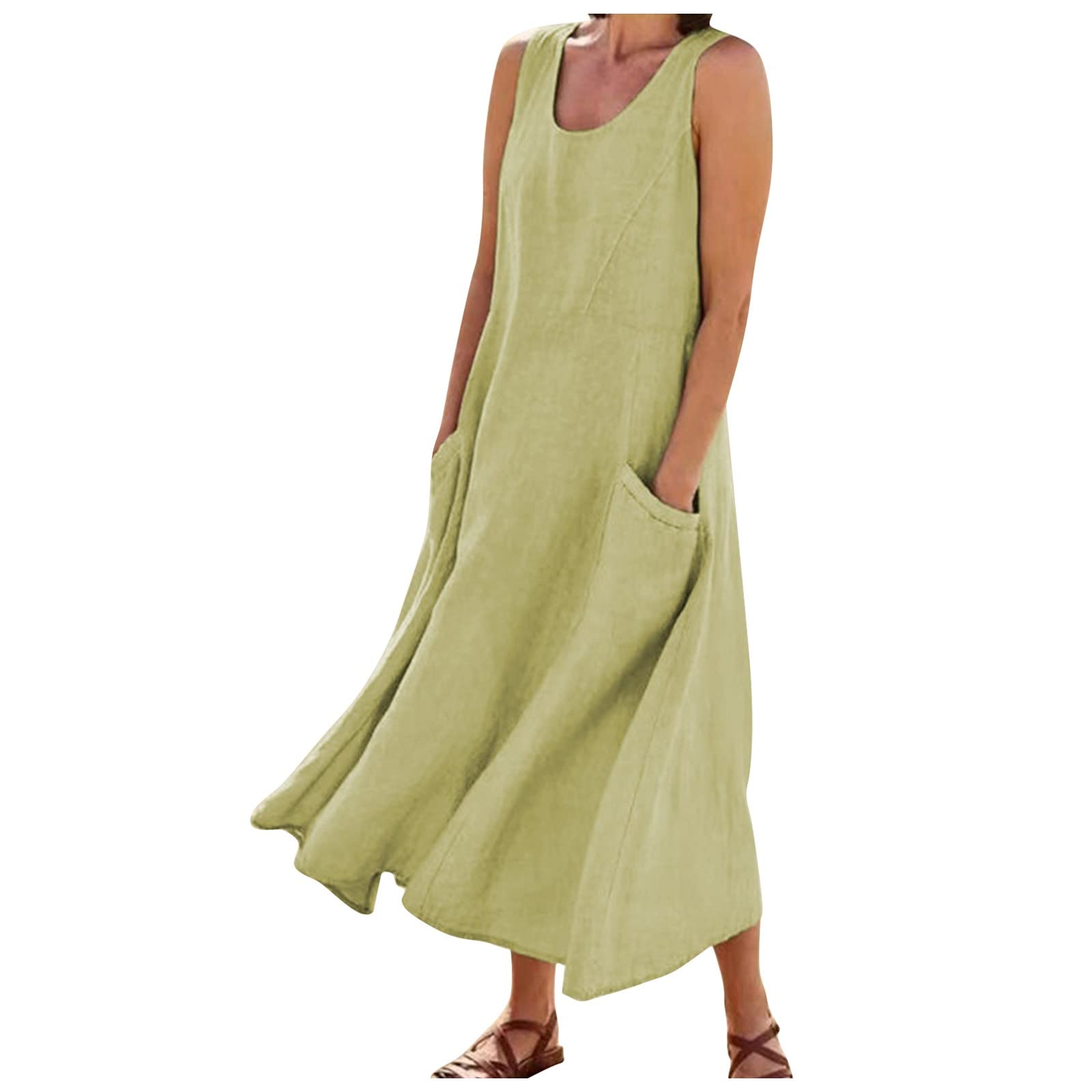 Women's Summer Casual Cocktail Dress - Sleeveless Cotton Linen Pocket Dress in Solid Colors | Perfect for Beach Parties, Garden Weddings & Date Nights