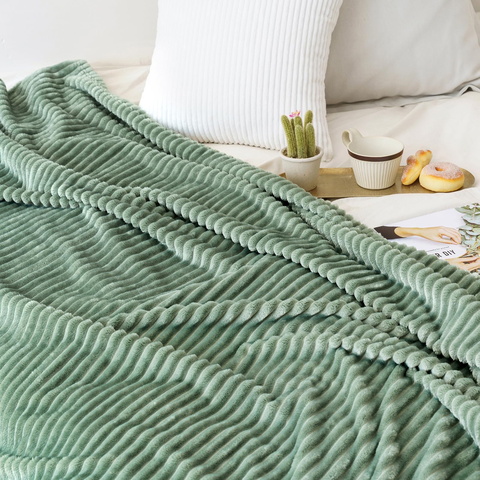 MIULEE 300GSM Super Soft Fleece Throw Blanket - Sage Green Striped 3D Ribbed Jacquard Blanket for Couch, Bed & Sofa | Plush Warm Cozy Blanket (50