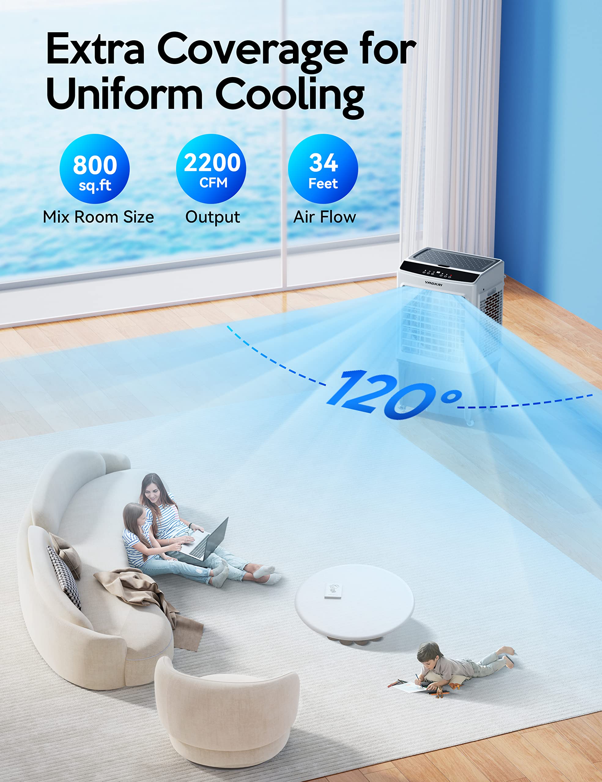 VAGKRI 2200CFM Evaporative Air Cooler with Remote Control - 120° Oscillation, 24H Timer, 3 Speed Modes - 9.2 Gallon Water Tank for Indoor & Outdoor Cooling - Perfect for Home, Office, Patio, and Garage Use