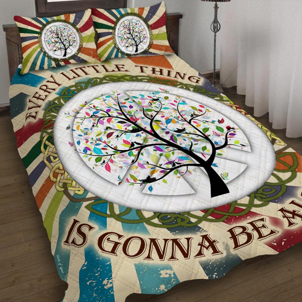 Bohemian Quilt Bedding Set - 'Every Little Thing is Gonna Be Alright' Hippie Style Bedspread | Soft Microfiber Queen Size Coverlet for All Seasons | Includes Matching Pillows | Perfect for Bedroom Decor, Guest Room, Dorm, or Cozy Gift (King/Queen/Twin Available)