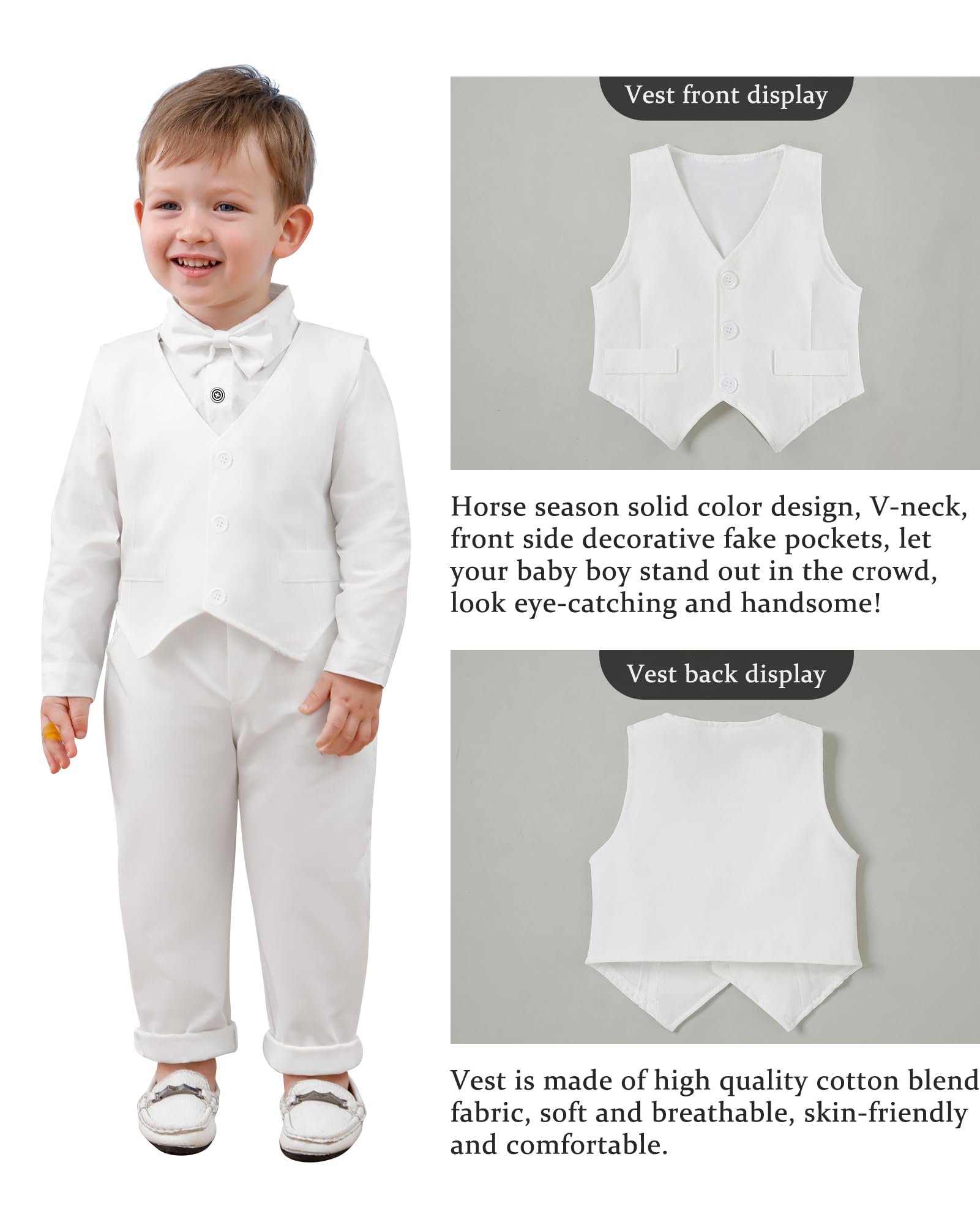 YALLET Baby Boy Formal Suit Set 0-24 Months - Dress Shirt, Bowtie, Vest & Pants - Infant Gentleman Outfit for Weddings, Christenings & Special Occasions