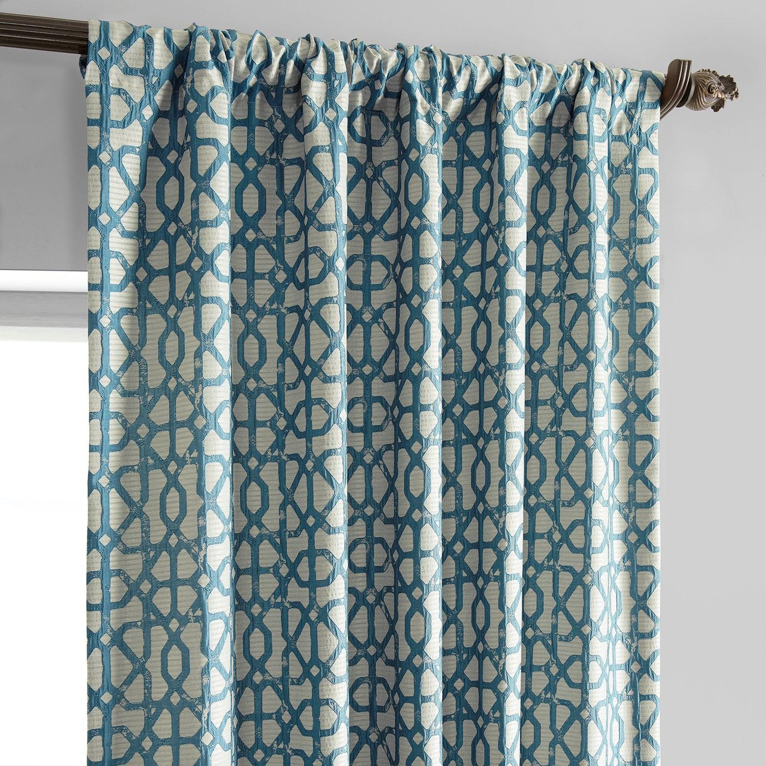 Metro Teal Blue Geometric Faux Silk Jacquard Blackout Curtains for Living Room & Bedroom - Elegant Window Treatment for Light Control & Privacy