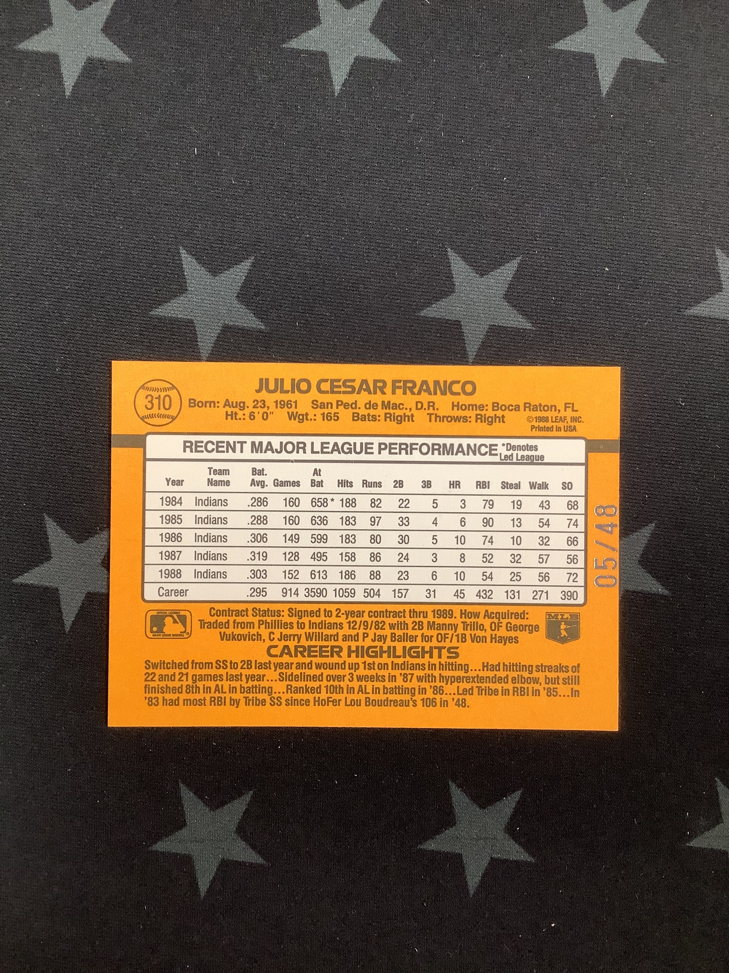 1989 Donruss Baseball Recollection Julio Cesar Franco Auto #310 /48 - Rare Signed Baseball Card for Collectors & Sports Memorabilia Fans