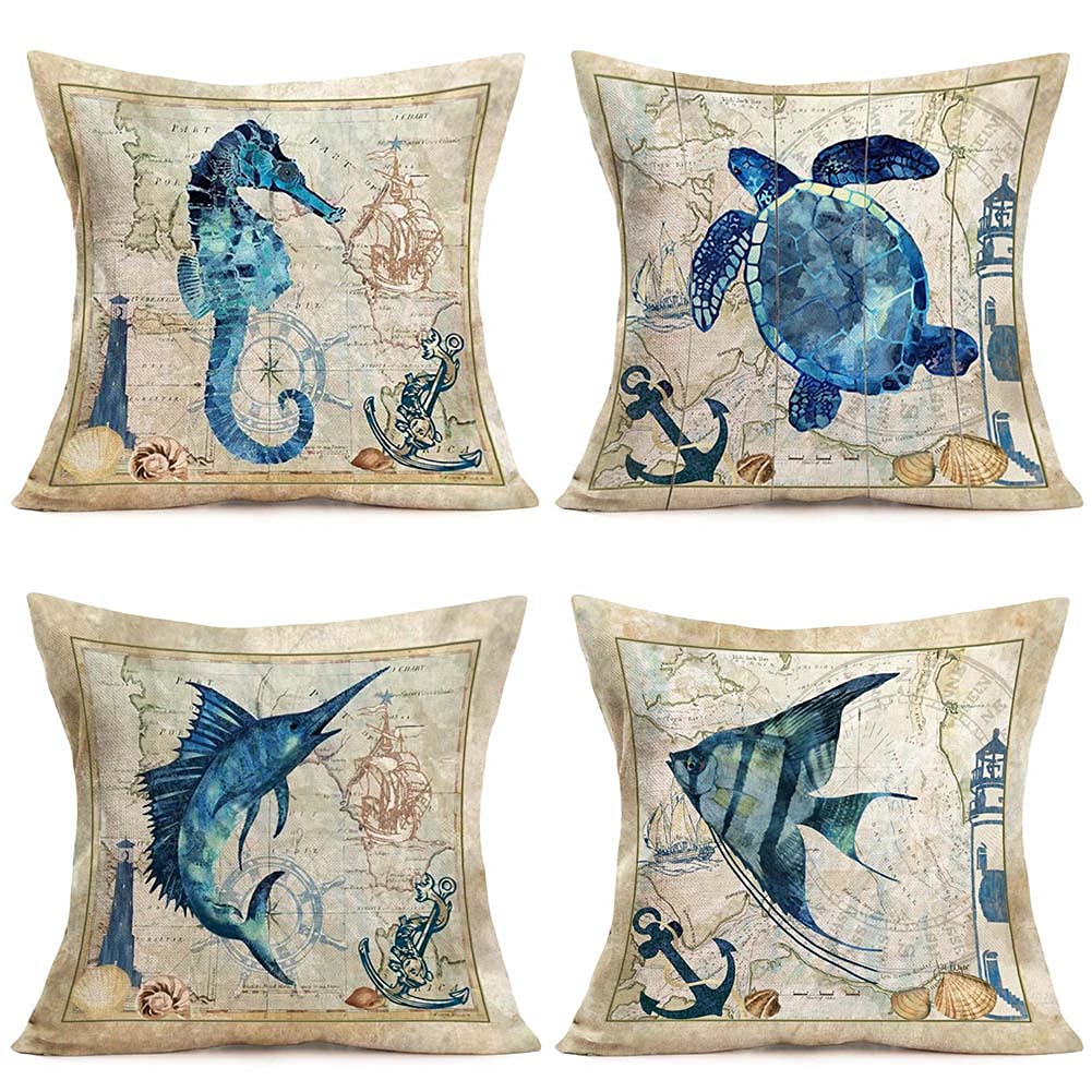 Xihomeli 18x18 Inch Beach Ocean Theme Throw Pillow Covers Set of 4 - Blue Sea Horse, Turtle, Swordfish & Angel Fish Design - Cotton Linen Blend for Sofa, Bed, Couch Decor - Perfect for Coastal, Nautical & Beach House Living Room Bedroom Decoration