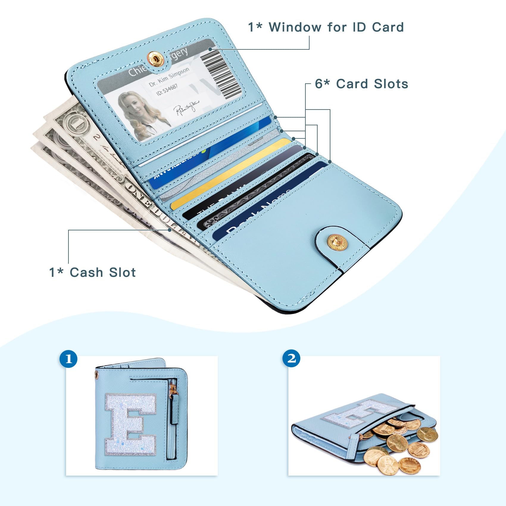 COSHAYSOO RFID Blocking Wallet for Women - Slim Bifold Zipper Wallet with ID Window & Cash Slot - Small Travel Purse for Girls - Trendy Birthday & Easter Gift (Blue) - Perfect for Daily Use, Shopping & Travel