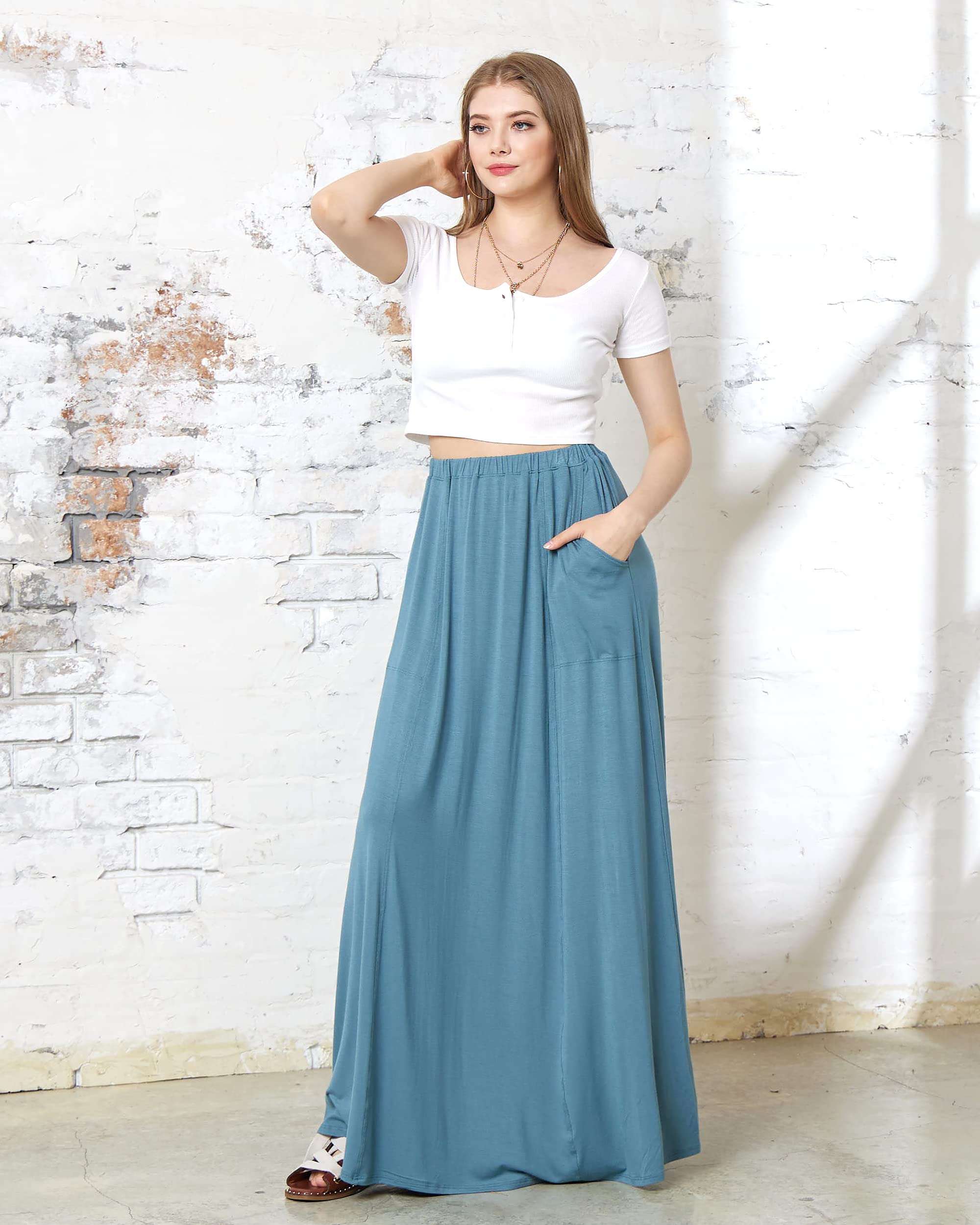 Noflik Women's High Waisted Elastic Boho Maxi Skirt with Side Slits & Pockets - Flowy Long Skirt for Beach, Vacation & Casual Wear