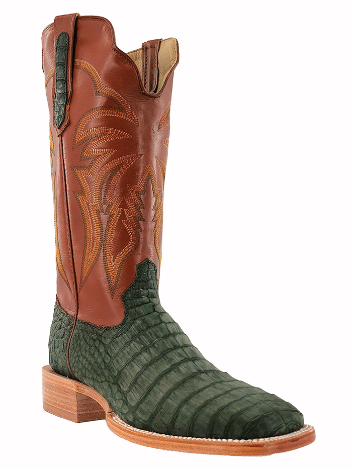 R.Watson RW2006 Men's Caiman Belly Western Boots - Nubuck Leather Olive Green Cowboy Boots for Riding, Country Wear & Outdoor Adventures