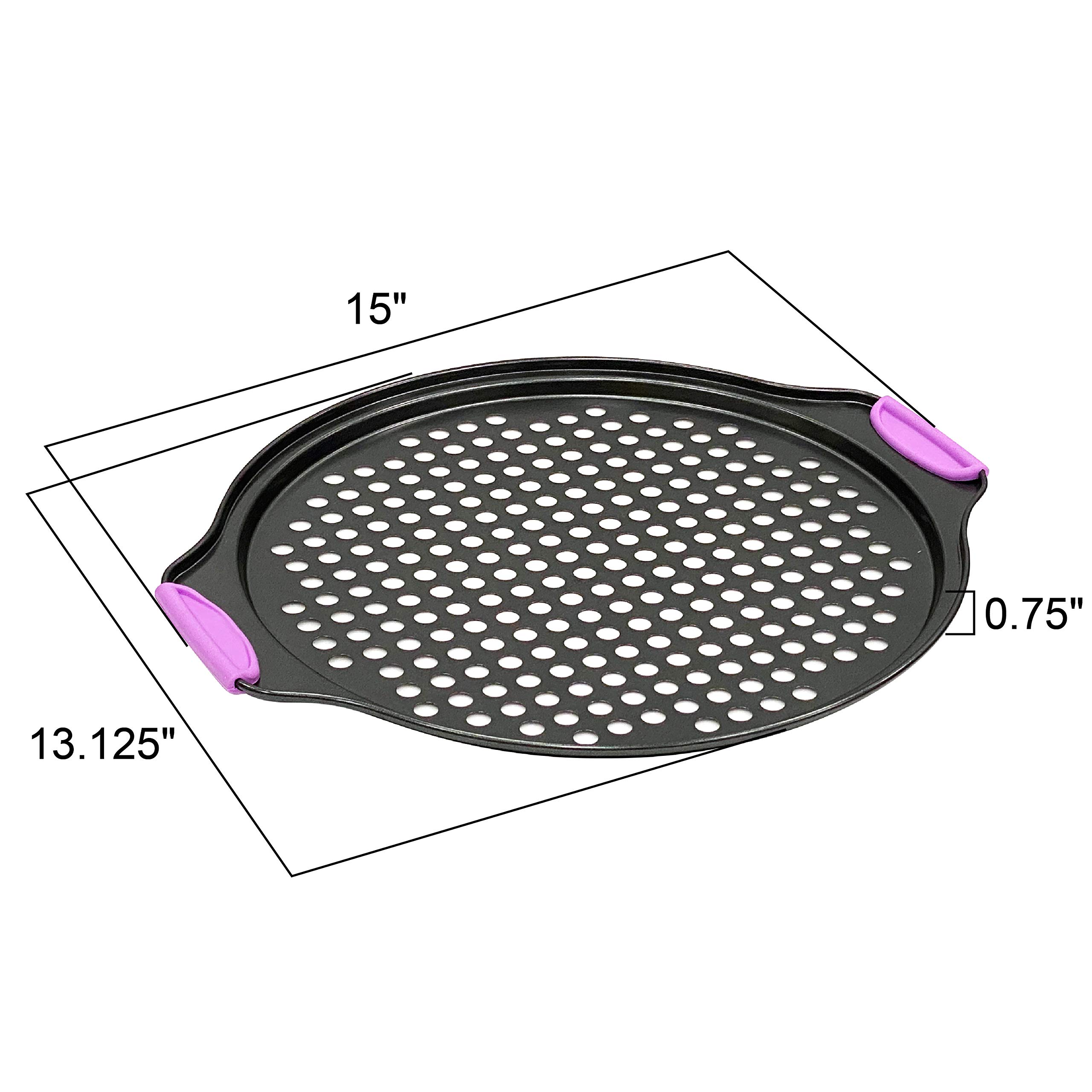 13-Inch Non-Stick Perforated Pizza Pan with Heat-Resistant Silicone Handles - Carbon Steel Baking Sheet for Crispy Crust - Perfect for Home Oven, Restaurant & Outdoor Pizza Parties