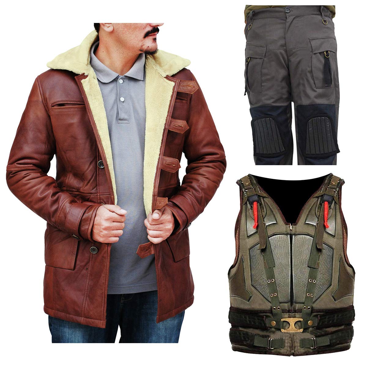 SpazeUp Bane Dark Knight Shearling Winter Ginger Brown Tom Hardy Trench Leather Coat - Military Style Bane Vest for Cosplay & Cold Weather Fashion