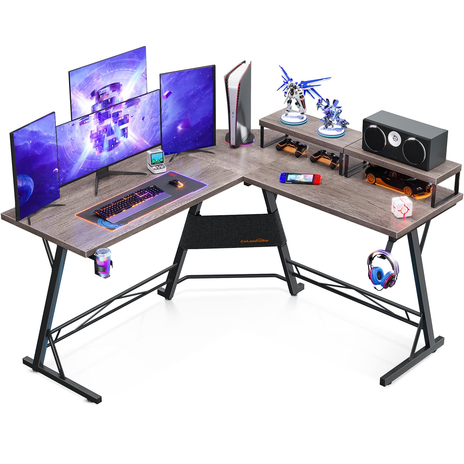 Coleshome 51'' L-Shaped Gaming Desk with 2 Monitor Stands - Corner Computer Desk for Home Office, Space Saving Design with Hook & Cup Holder - Perfect for Gaming Setup, Work from Home & Small Spaces - Easy Assembly