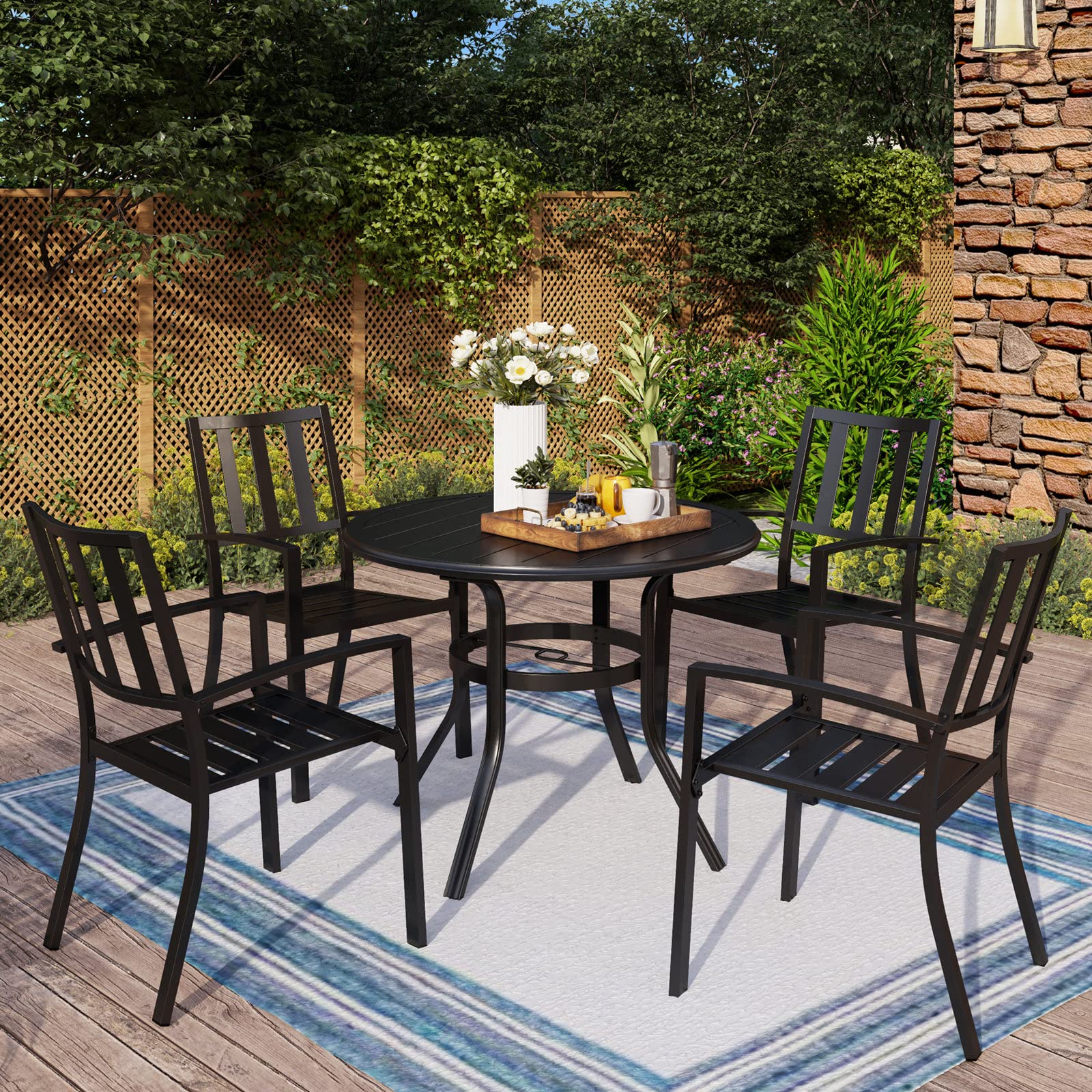 MFSTUDIO 38 Inch Outdoor Dining Table with Adjustable Umbrella Hole - All-Weather Metal Round Patio Table for Backyard, Garden, Lawn - Perfect for Outdoor Entertaining, BBQ Parties & Poolside Dining