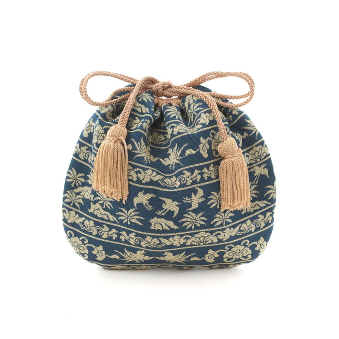 Nishijin Ori Small Drawstring Bag - Bird & Navy Blue - Handmade in Kyoto Japan - Traditional Japanese Craft Purse - Perfect for Gifts, Jewelry Storage & Cultural Events