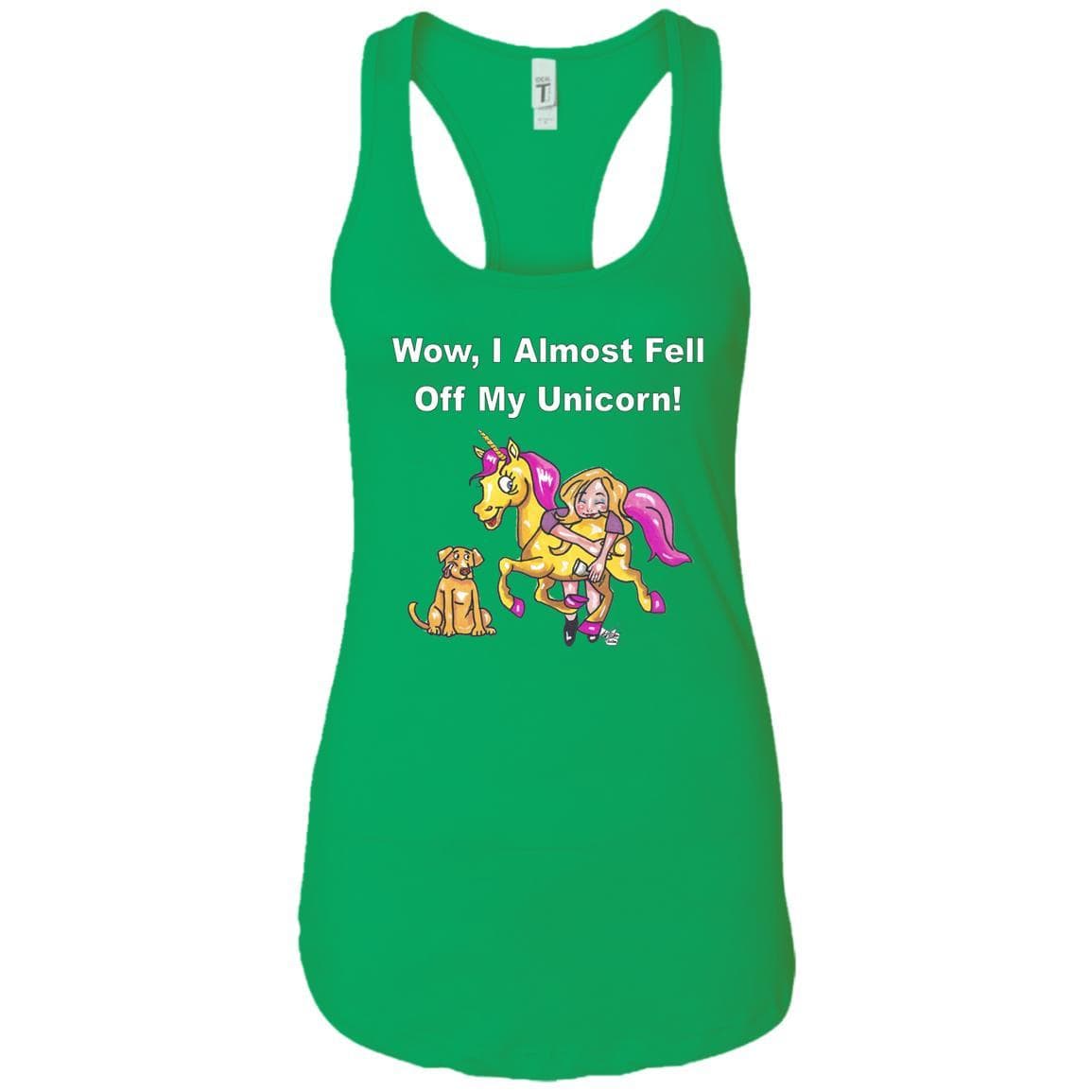 Wow, I Almost Fell Off My Unicorn Funny Women's Racerback Tank Top with White Lettering - Perfect for Girls Night Out, Bachelorette Parties & Festival Outfits