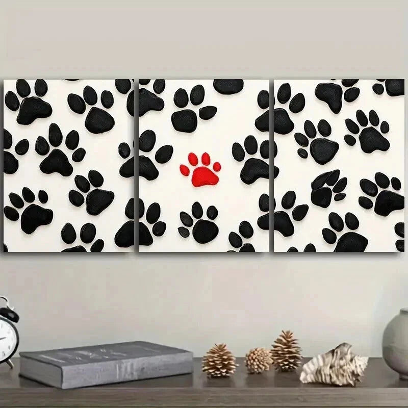 3-Piece Black & White Dog Paw Prints Wall Art Set with Red Accent - Framed Canvas 50x70cm - High Quality Print - 100% Australian Made - Ready to Hang - Perfect for Pet Lovers' Living Room, Bedroom or Office Decor