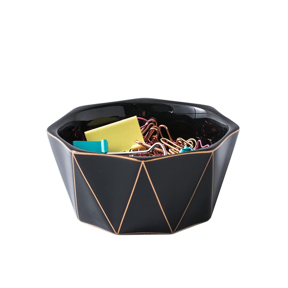 YOSCO Geometric Ceramic Paper Clip Holder with Gold Line - Stylish Desk Organizer for Office Supplies, Binder Clips & Stationery (Black) | Perfect for Home Office, School Desk & Workspace Organization