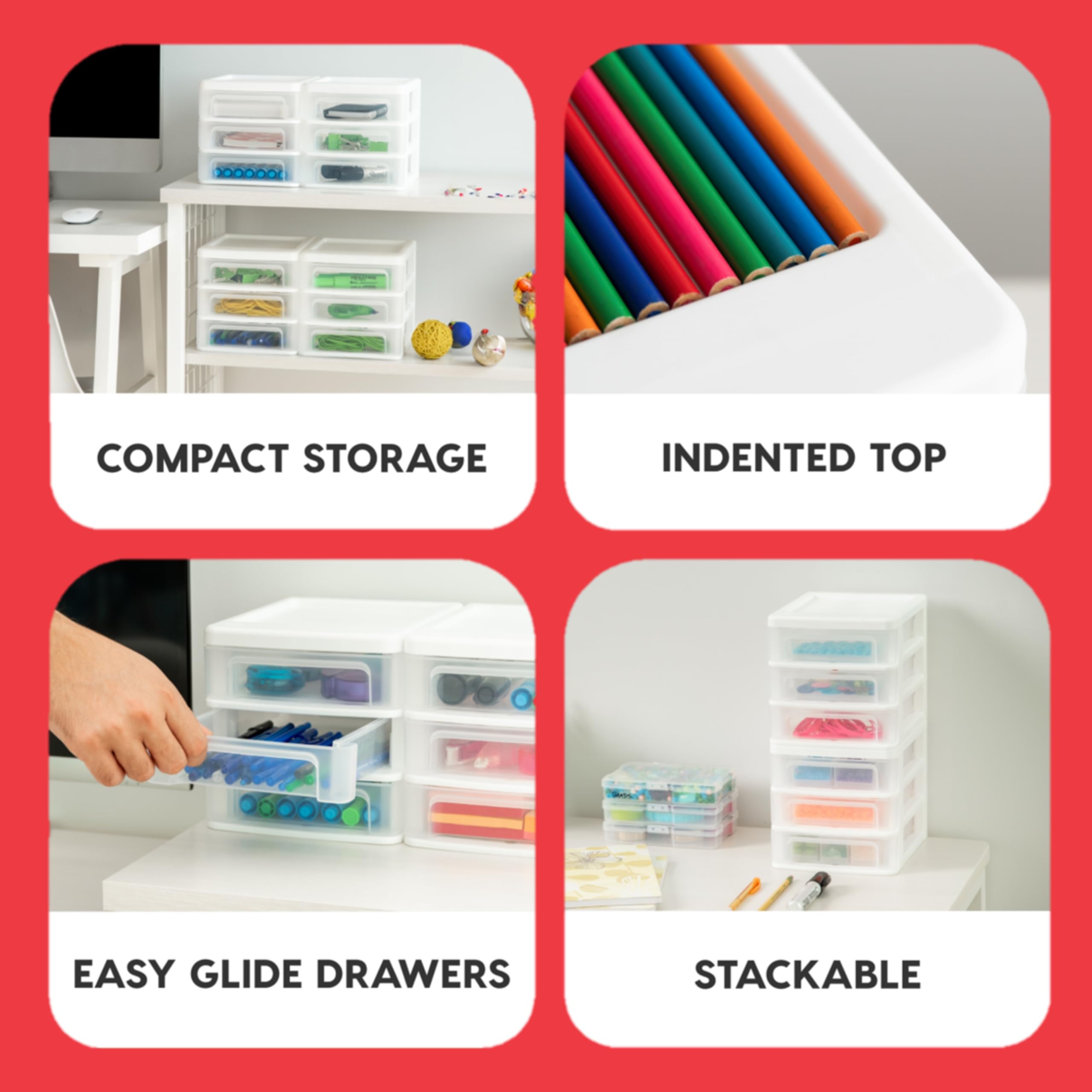IRIS USA Plastic Stacking Desk Top 3-Drawer Storage Organizer, 2-Pack - White Small Drawers for Vanity, Bathroom, Office, Craft & Kitchen Organization - Perfect for Nail Polish, Stationery, Art Supplies & Small Items Storage