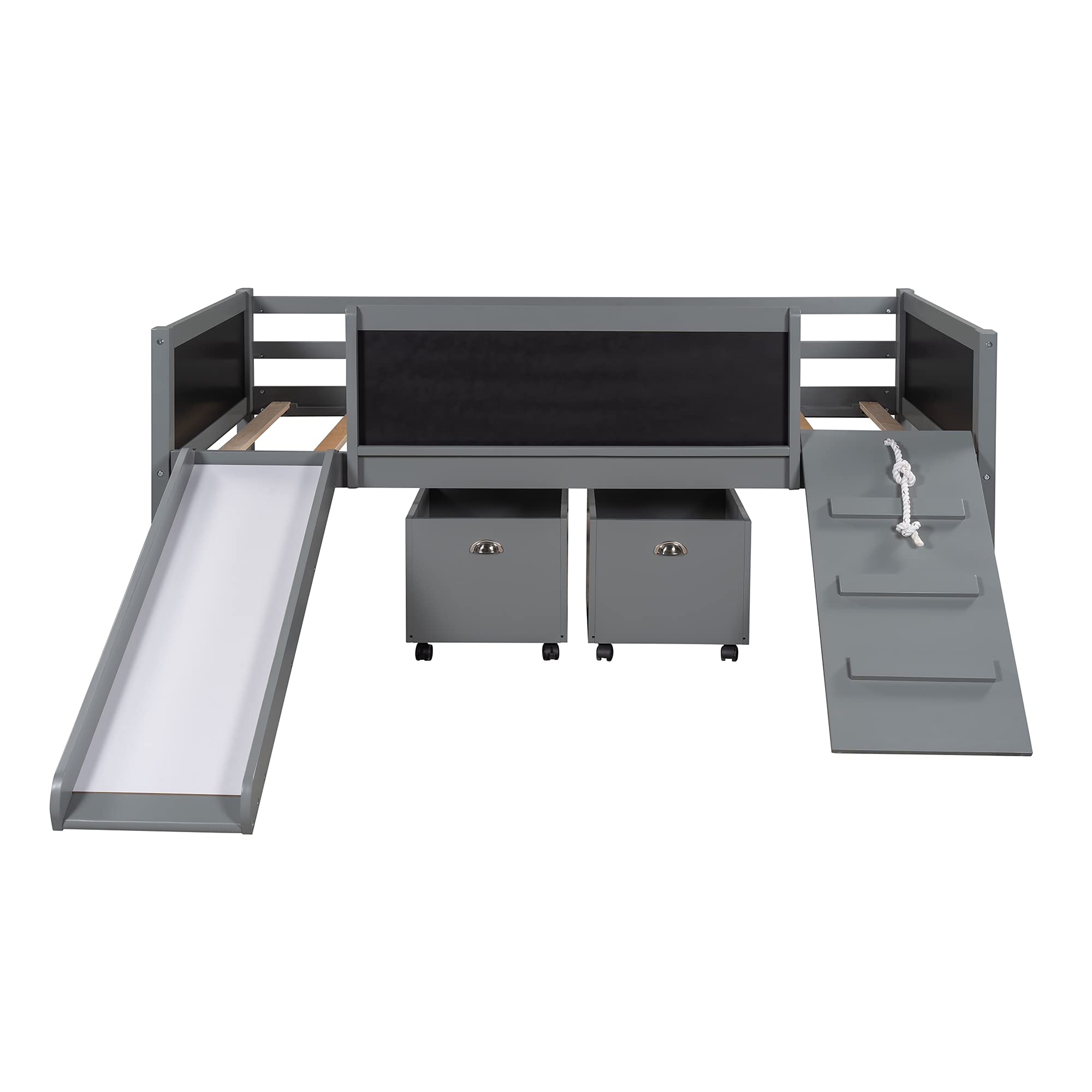 Low Loft Bed with Slide & Storage - Twin Size Wooden Loft Bed Frame with Climbing Ladder, Chalkboard & Storage Boxes - Space-Saving Kids Bedroom Furniture for Boys, Girls & Teens (Grey) - Perfect for Small Rooms, Play Areas & Dorm Rooms