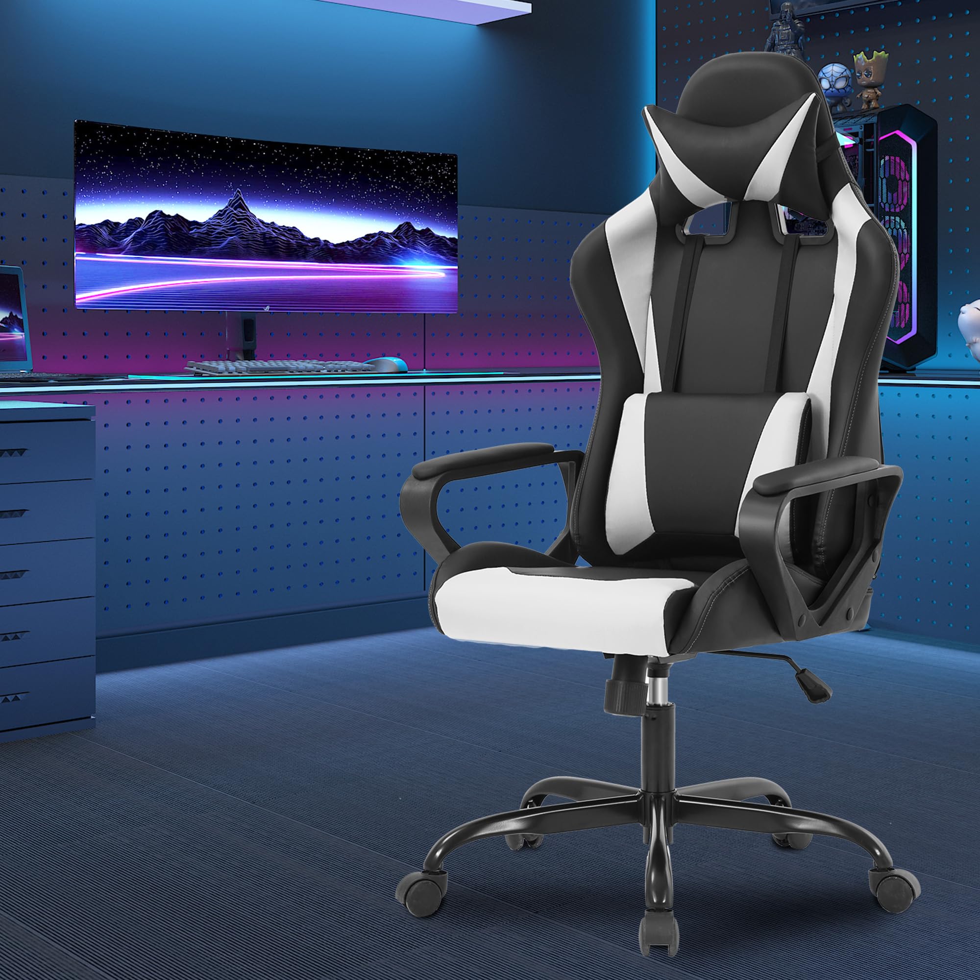 Ergonomic Gaming Chair - Racing Style Computer Desk Chair with Adjustable Armrests, 360° Swivel & Smooth Casters, PU Leather Executive Office Chair with Headrest & Lumbar Support for Back Pain Relief - Perfect for Home Office, Gaming Setup & Workstation (White)