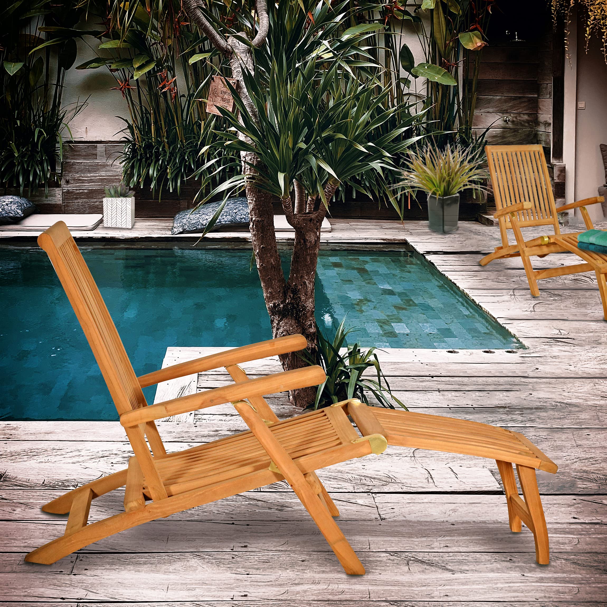 Premium Seven Seas Teak Acapulco Outdoor Patio Steamer Chair - Solid Teak Wood Construction - Durable & Weather-Resistant for Poolside, Beach, Garden, and Backyard Relaxation