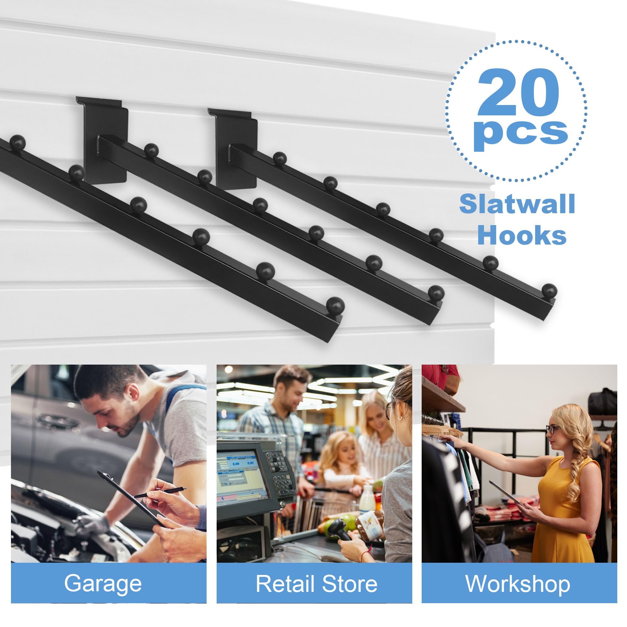 20 Pack 6 Ball Waterfall Hooks for Slatwall - 12 Inch Heavy Duty Slat Wall Hangers for Clothing Retail, Garage & Shop Display - Perfect for Organizing Apparel, Accessories & Tools in Stores and Homes