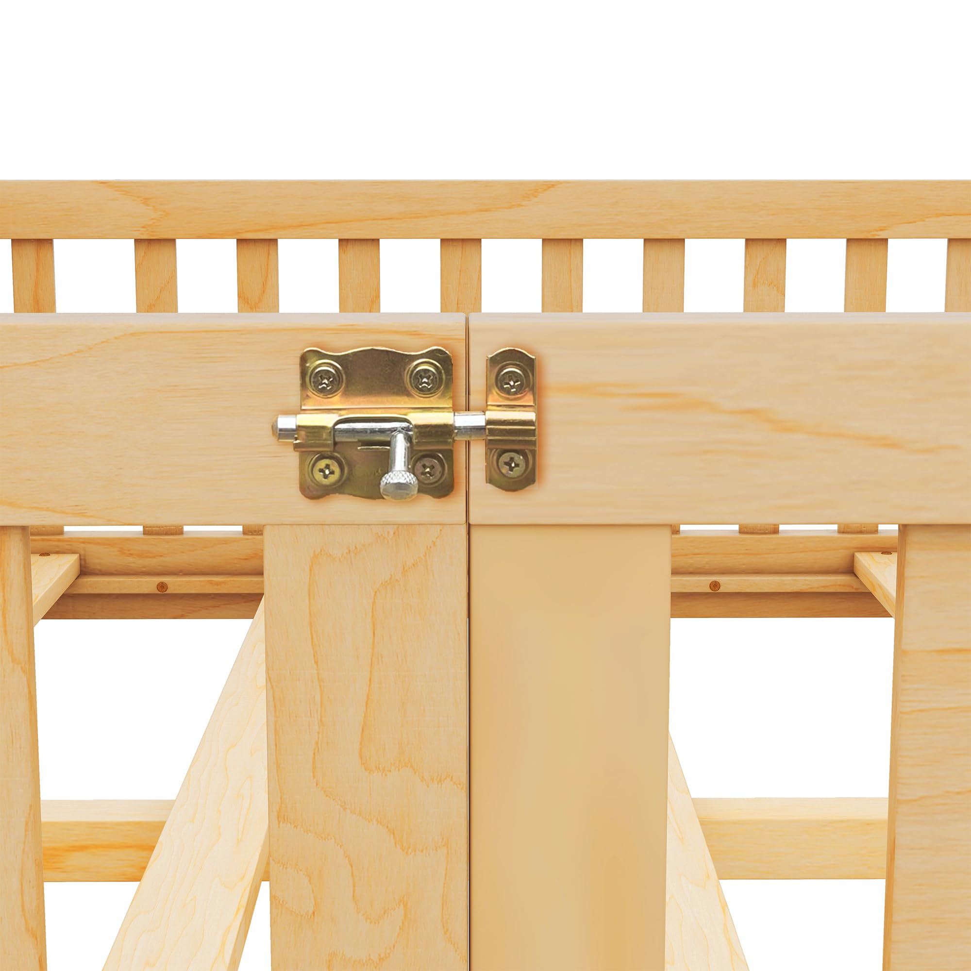 Montessori Full Size Floor Bed with Slats & Center Support Bar - Natural Wood Toddler Bed with Safety Fence & Door for Kids Room, Playroom or Nursery