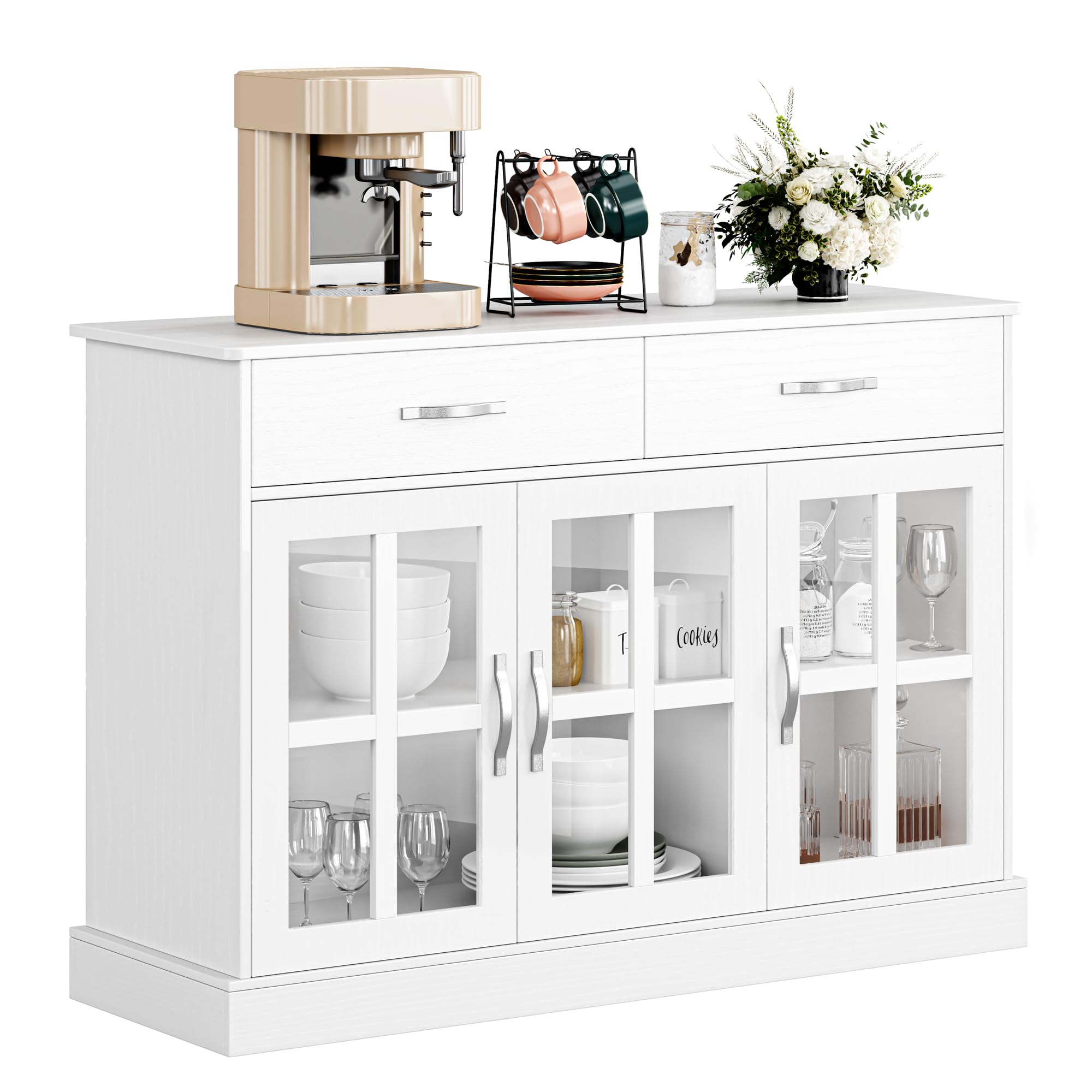 FOTOSOK White Buffet Sideboard Cabinet with Glass Doors - 2 Storage Drawers & Shelves for Dining Room, Living Room | Modern Kitchen Storage Furniture for Home Organization & Entertaining