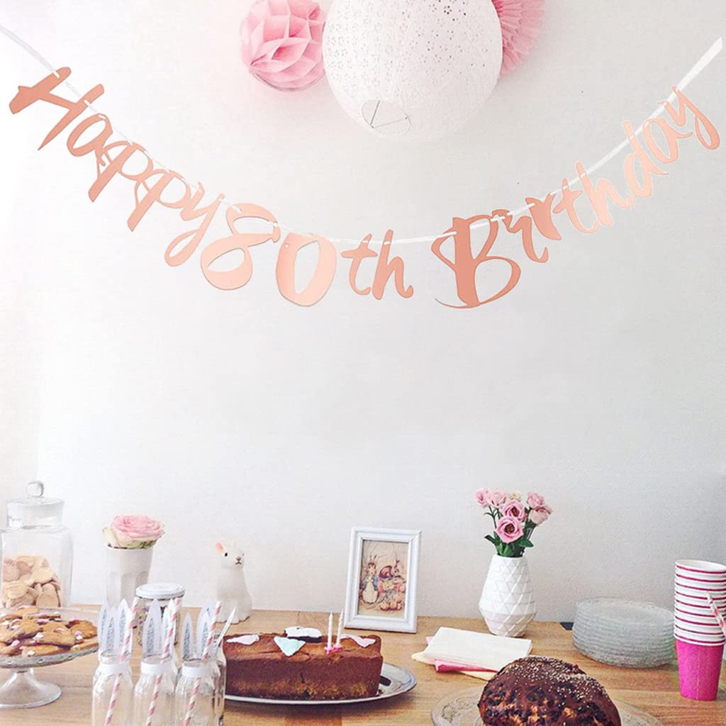 80th Birthday Decorations for Women - Rose Gold Happy Birthday Banner with 12 Pack 12