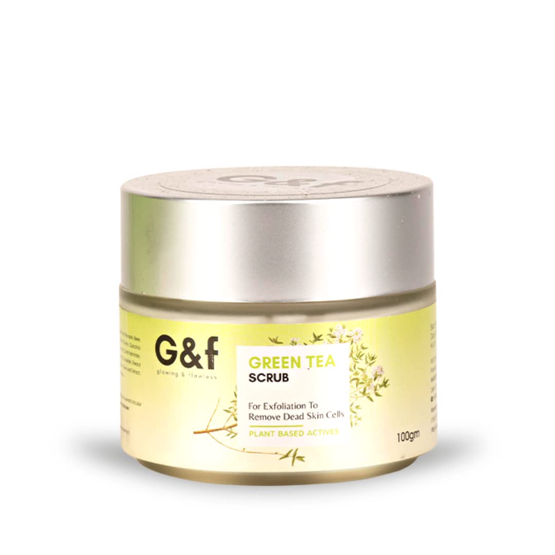 G&F Green Tea Exfoliating Face Scrub for Tan Removal & Acne Prevention - Deep Cleansing Facial Scrub for Blackheads, Dirt & Dead Skin - Suitable for Women & Men - Use on Face, Neck, Elbows & Knees for Soft Smooth Skin - Perfect for Daily Skincare Routine & Post-Sun Care - 100g