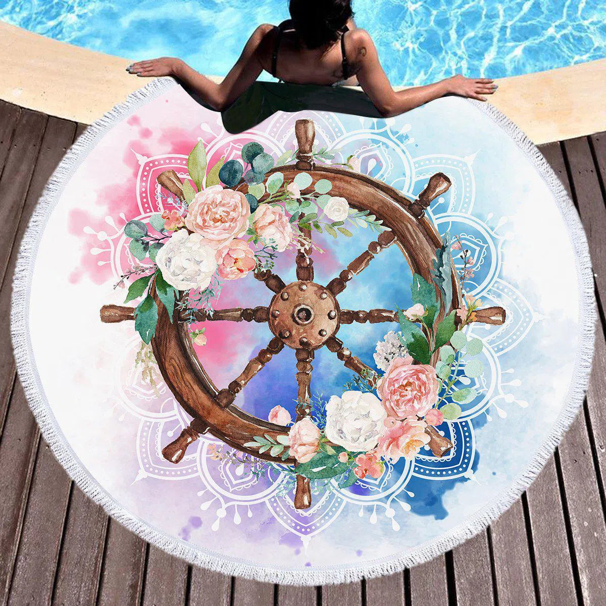 Flowery Helm Mandala Round Beach Towel - Soft & Absorbent Yoga Meditation Blanket, Perfect for Pool, Beach, Picnic & Boho Home Decor