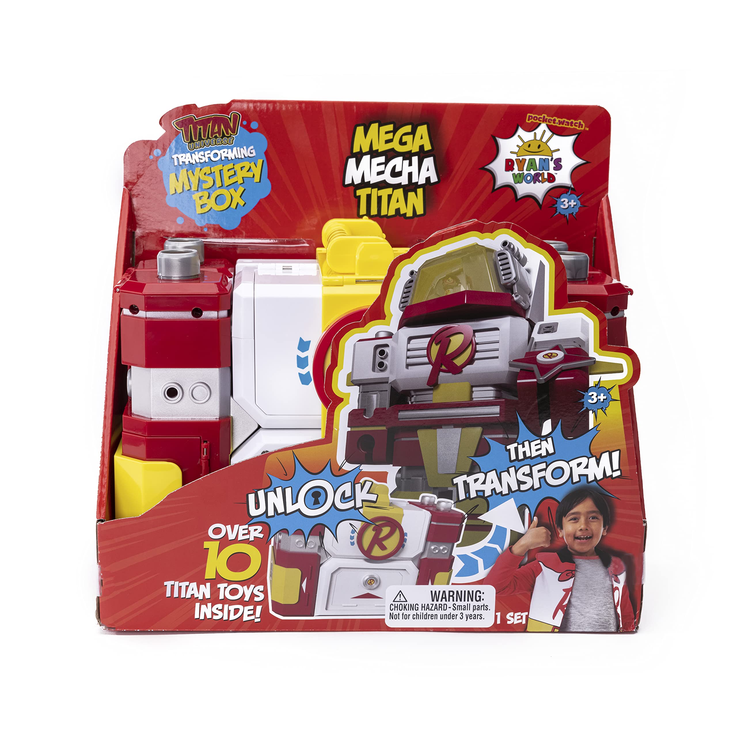 Ryan's World Mega Mecha Titan Robot - Transforming Chest to Red Titan Robot | 5 Micro Figures, Spinner, Wearable Eye Mask & Cape, Stickers Included | Perfect for Kids' Playtime, Birthday Gifts & Action Figure Collectors