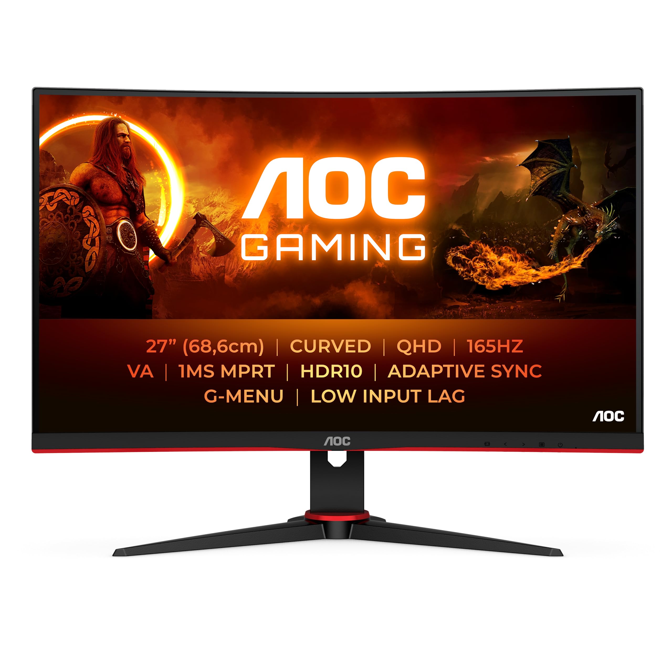 AOC 27 Inch QHD Curved Gaming Monitor - 165Hz Refresh Rate, 1ms Response Time, AMD FreeSync Premium, 2560x1440 Resolution, HDMI & DisplayPort - Ideal for Esports, FPS & Racing Games (Black-Red)