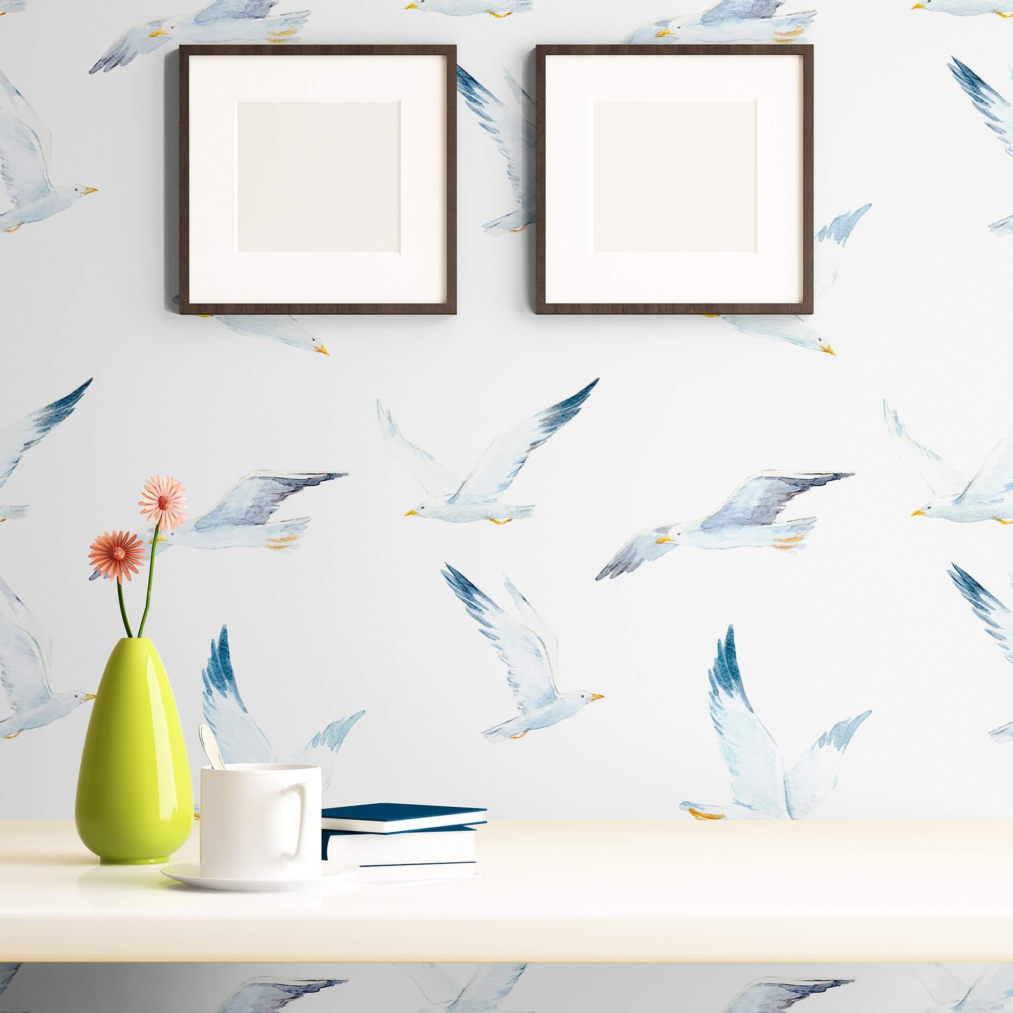 Blue and White Nautical Bird Peel and Stick Removable Wallpaper - Self-Adhesive Decorative Wall Covering for Bedroom, Bathroom, Nursery, or Office Decor